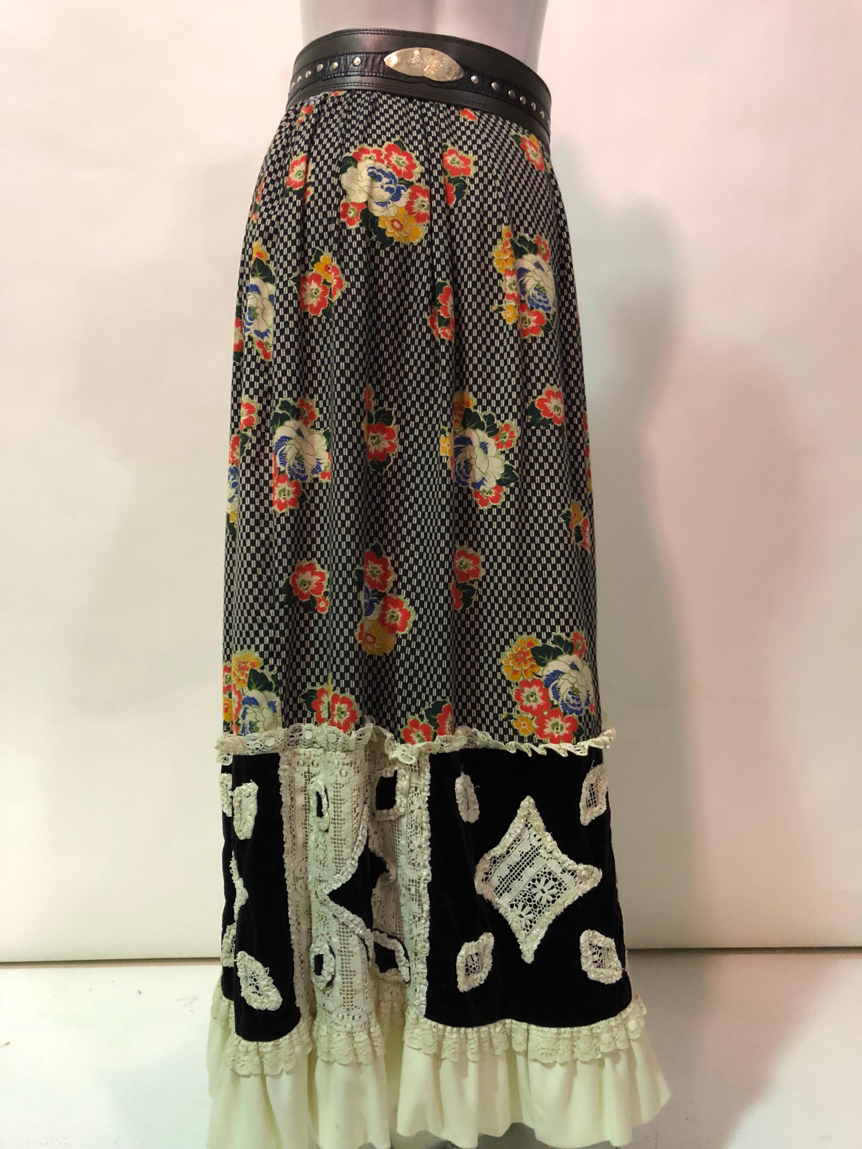 Black 1970s Chessa Davis Folkloric Floral Print Maxi Skirt & Mexican Leather Belt