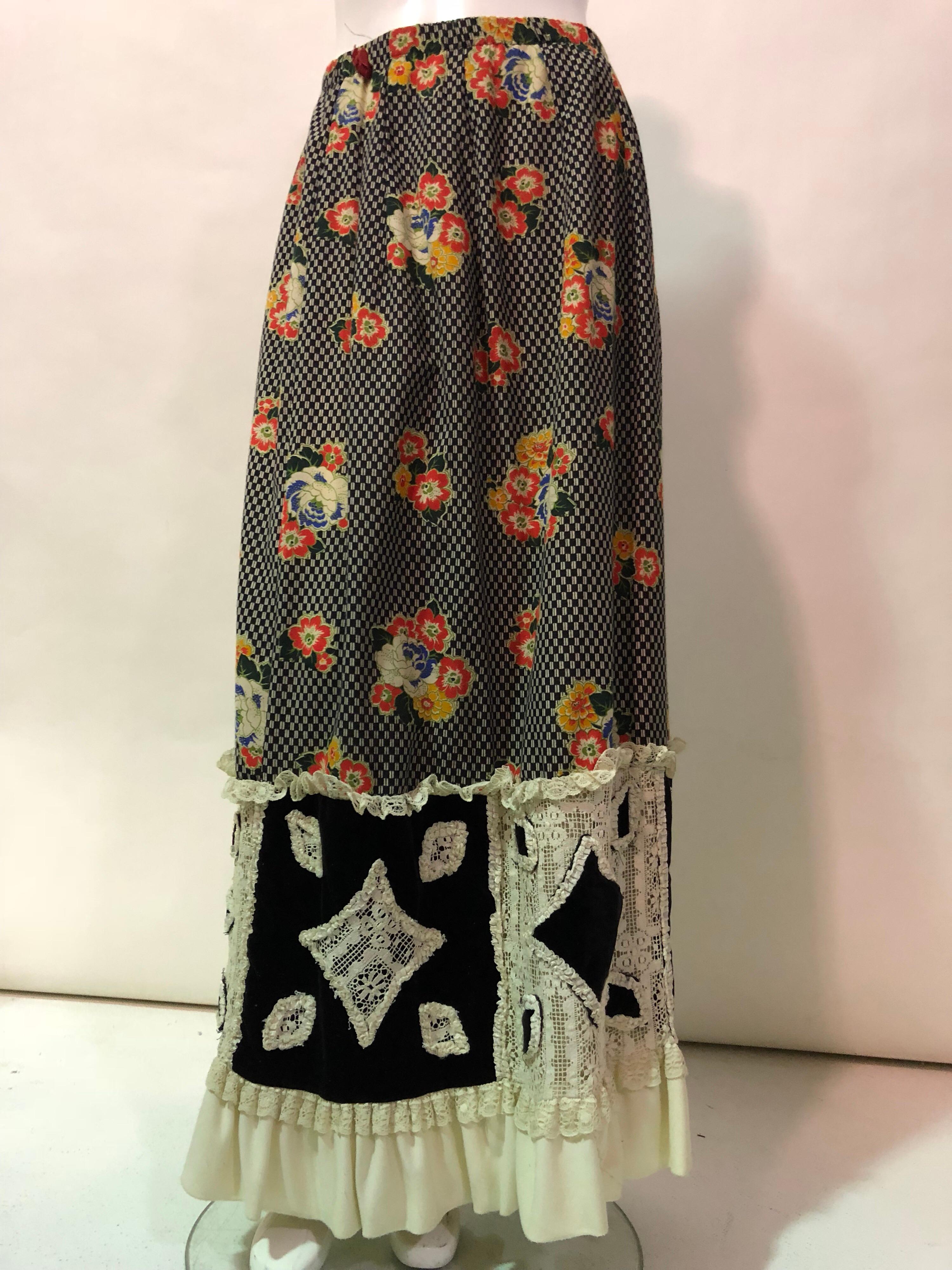 Women's 1970s Chessa Davis Folkloric Floral Print Maxi Skirt & Mexican Leather Belt