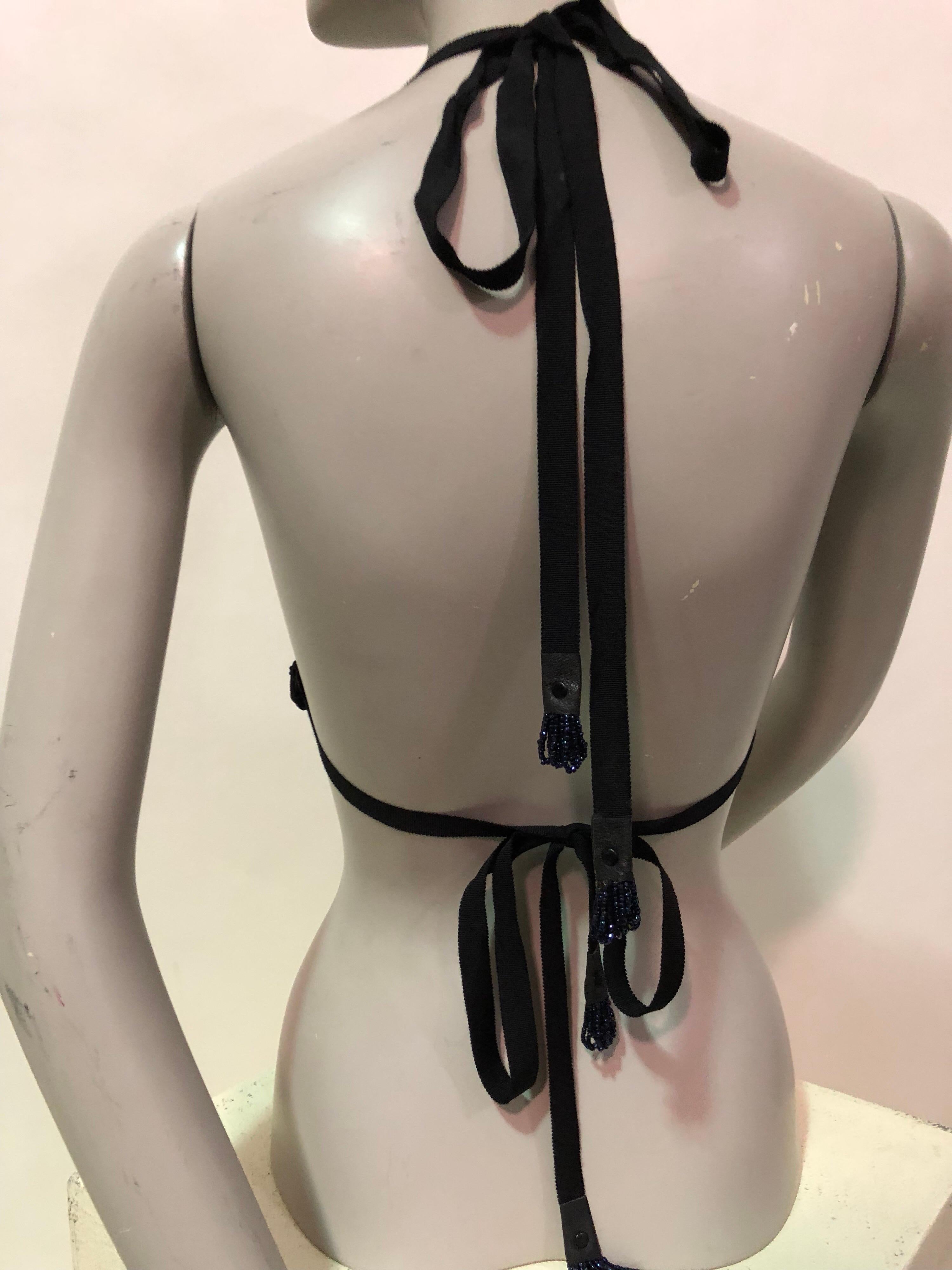 Black Artisinal Made Blue Fringe Beaded Bralette With Leather Trim & Ribbon Tie Back For Sale
