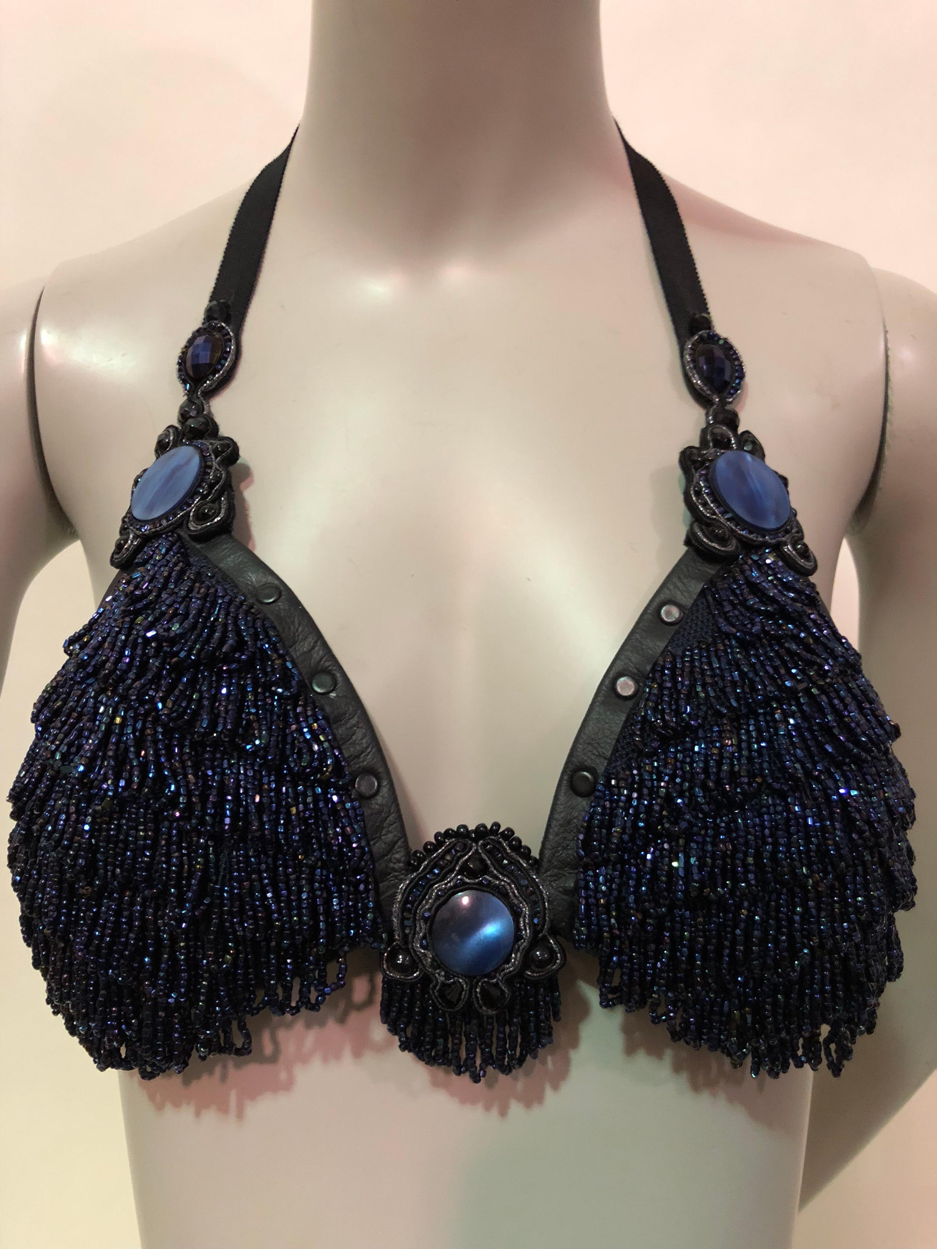 Artisinal Made Blue Fringe Beaded Bralette With Leather Trim & Ribbon Tie Back In Excellent Condition For Sale In Gresham, OR