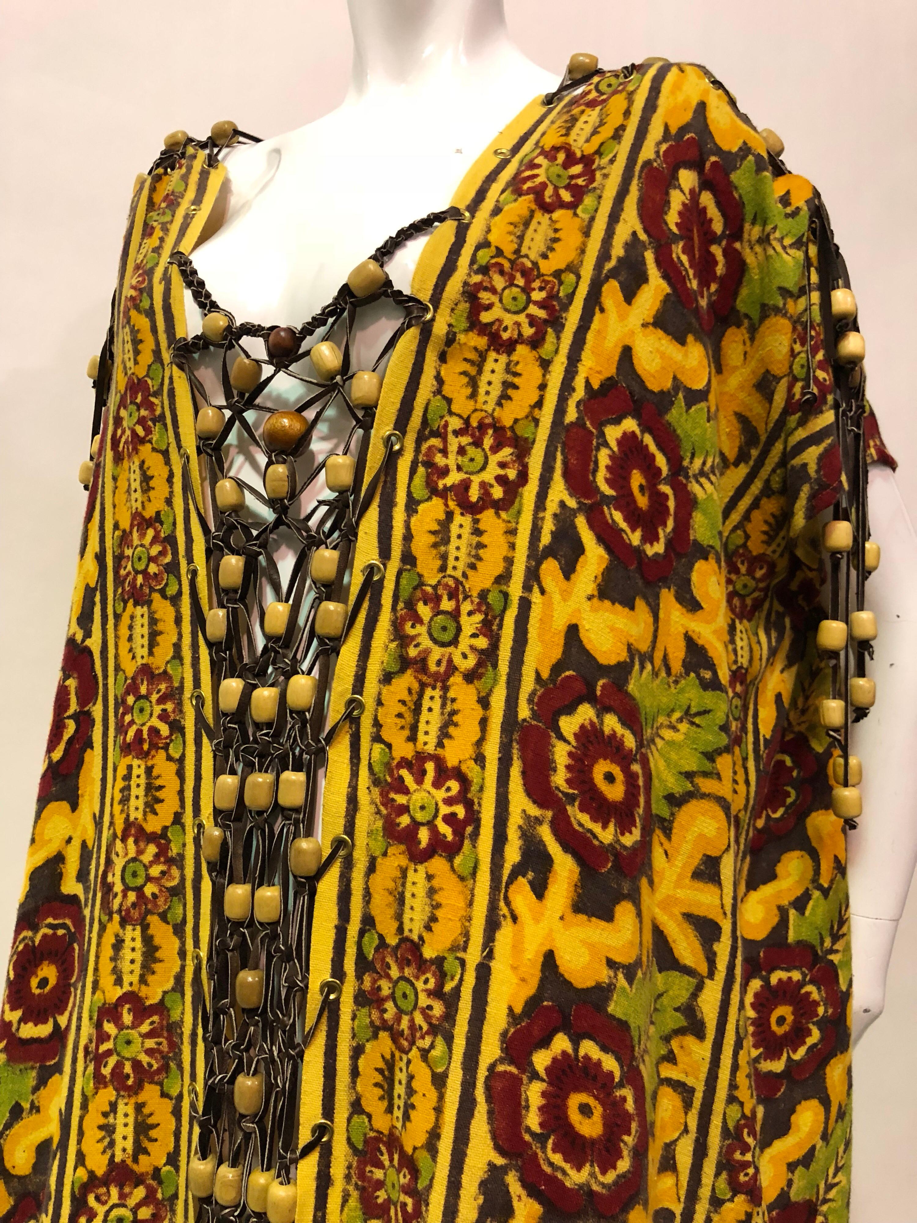 Women's or Men's Indian Hand Block Print Cotton Kaftan with Leather Macrame and Wood Bead Trim