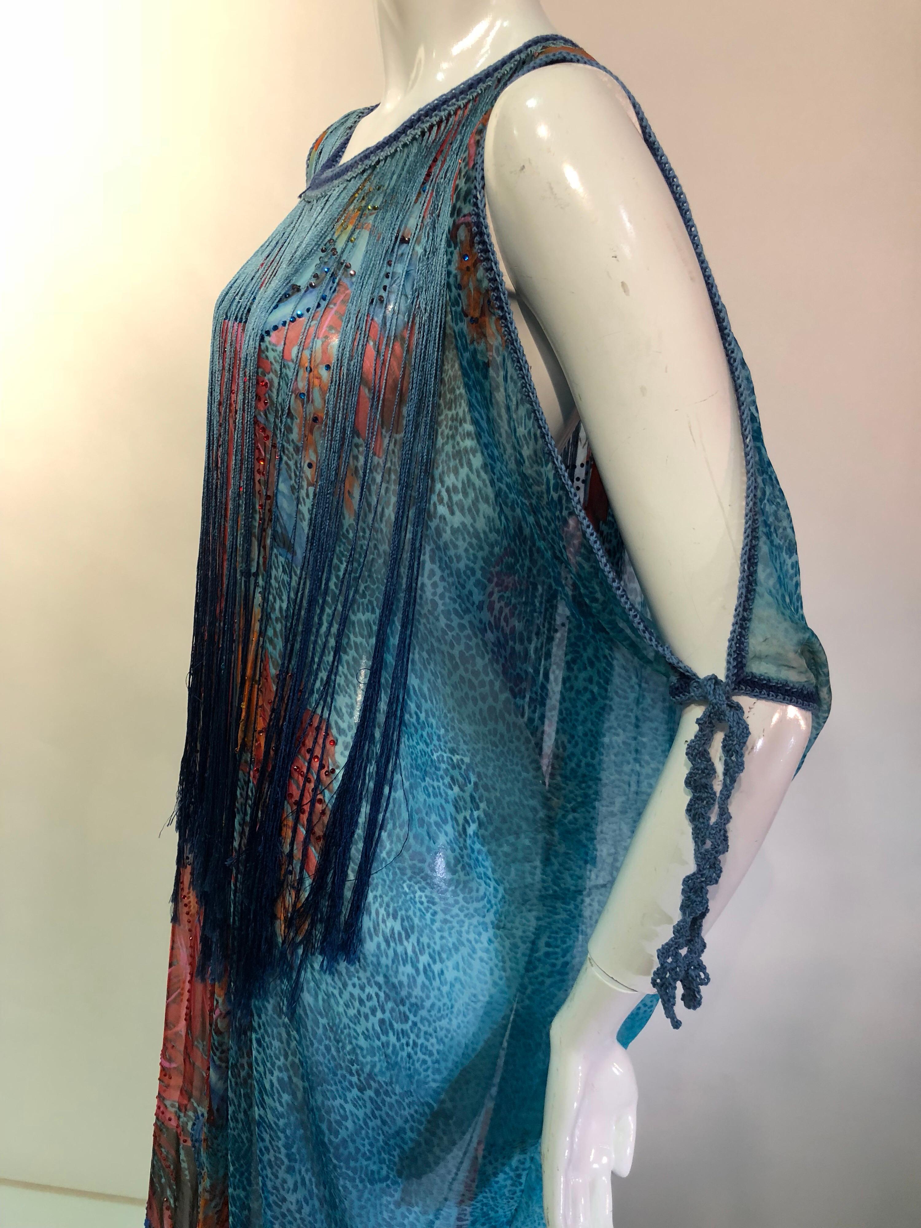Women's 1970s Style Turquoise Silk Floral Print Chiffon Kaftan W/ Long Silk Dyed Fringe 
