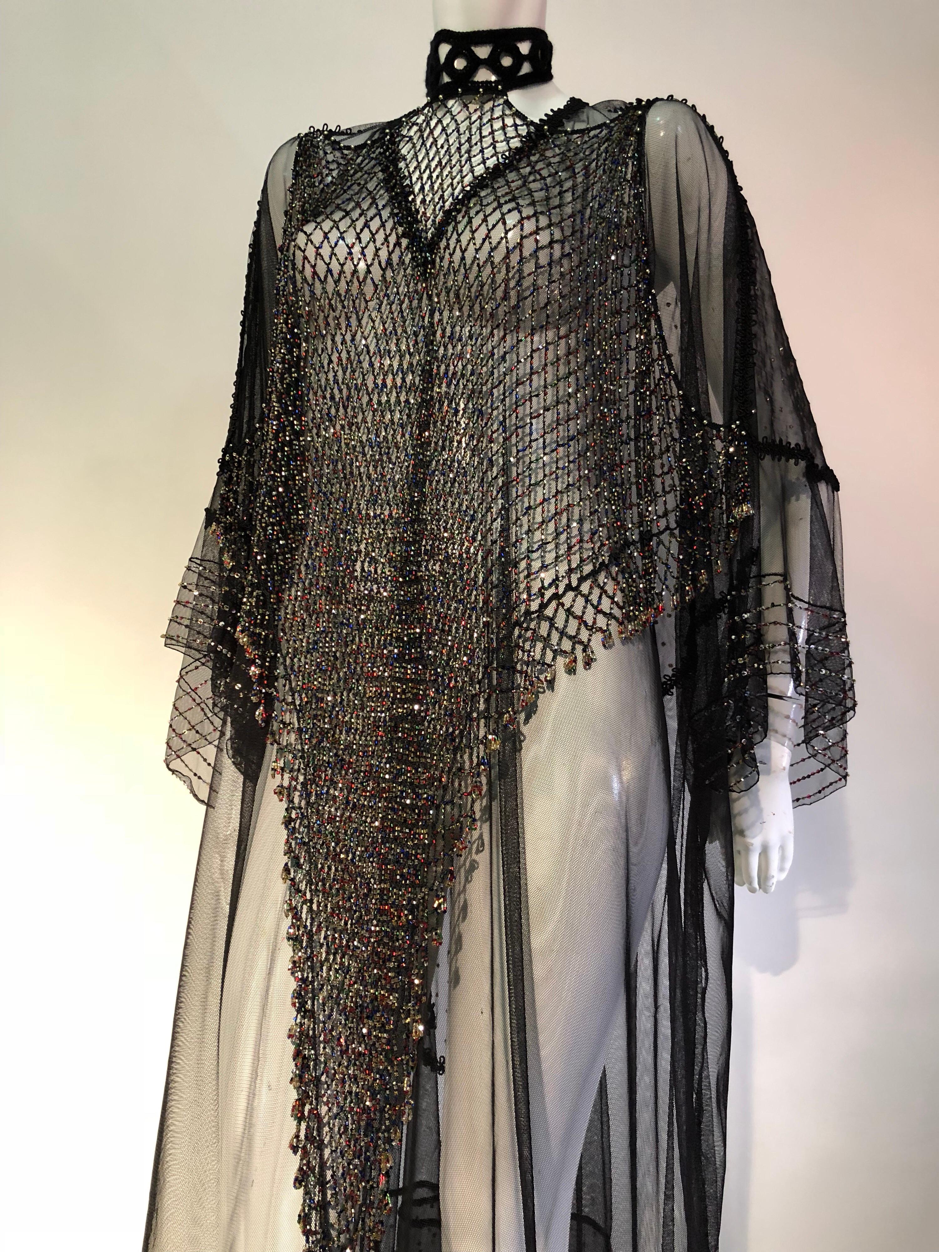 1970s Style Black Net / Beaded Net Bib Front and Butterfly Sheer Fabric Kaftan  In Excellent Condition In Gresham, OR