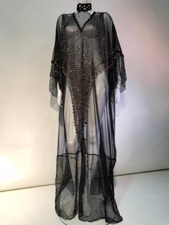 1970s Style Black Net / Beaded Net Bib Front and Butterfly Sheer Fabric Kaftan