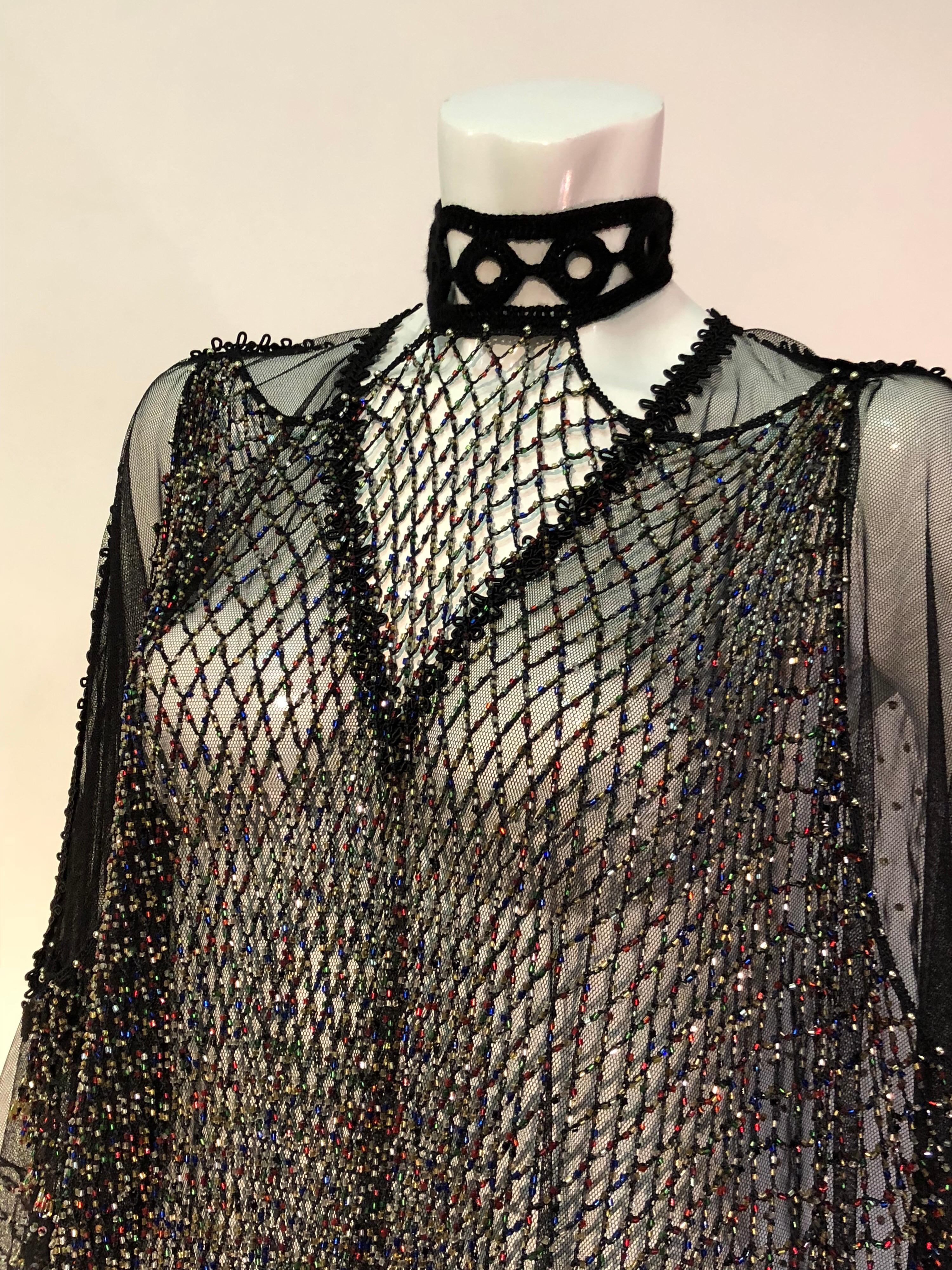 Women's 1970s Style Black Net / Beaded Net Bib Front and Butterfly Sheer Fabric Kaftan 