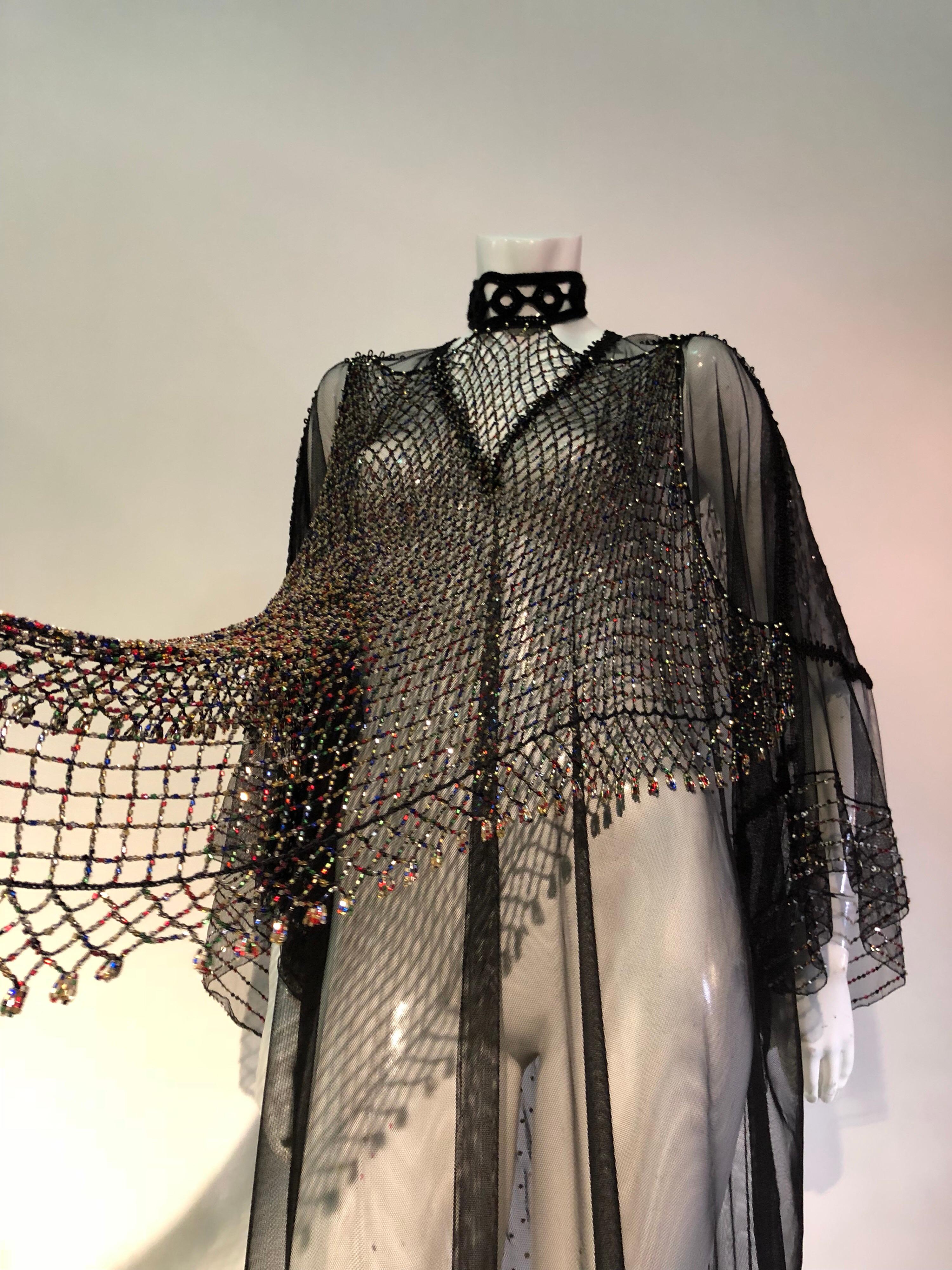 1970s Style Black Net / Beaded Net Bib Front and Butterfly Sheer Fabric Kaftan  2