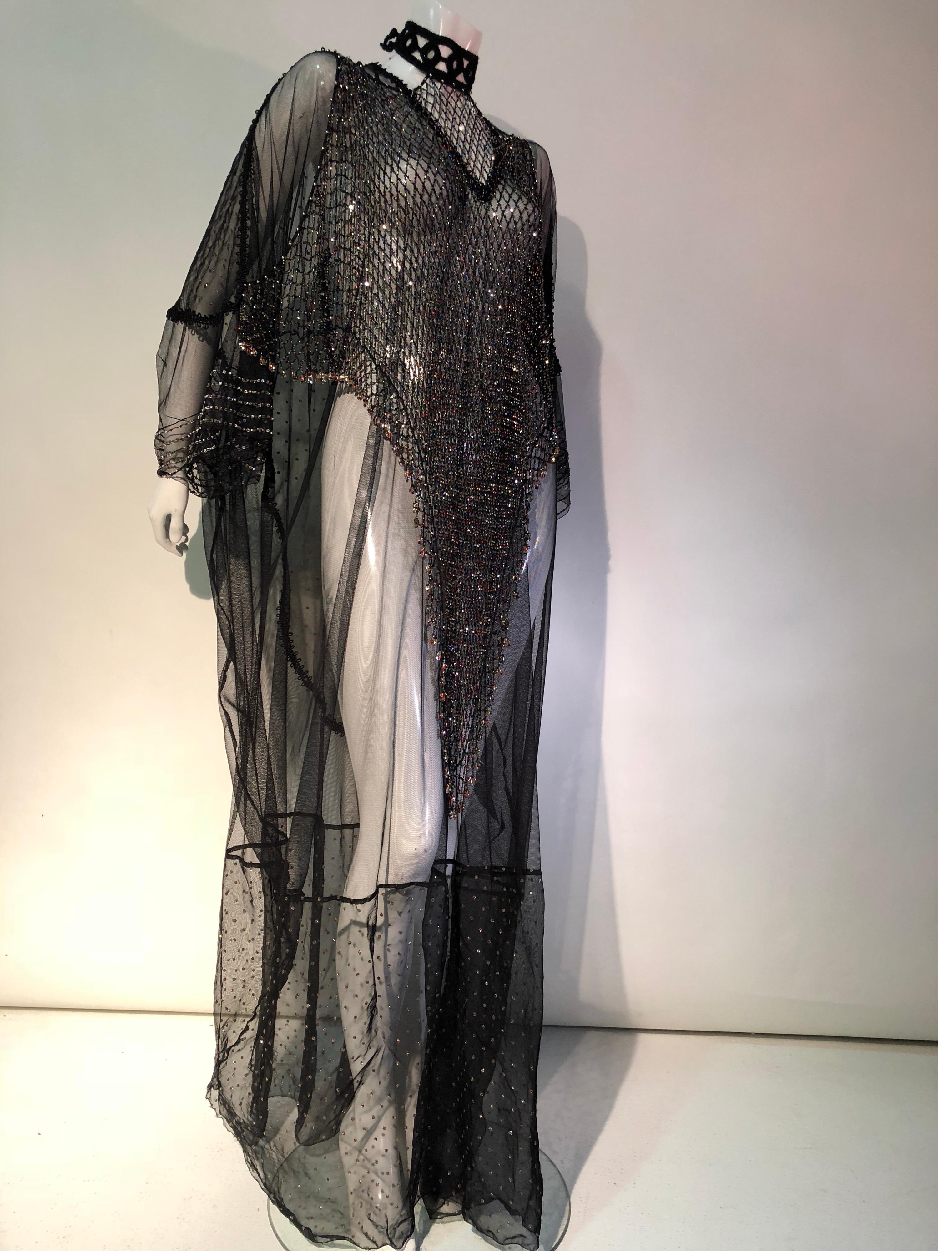 1970s Style Black Net / Beaded Net Bib Front and Butterfly Sheer Fabric Kaftan  6