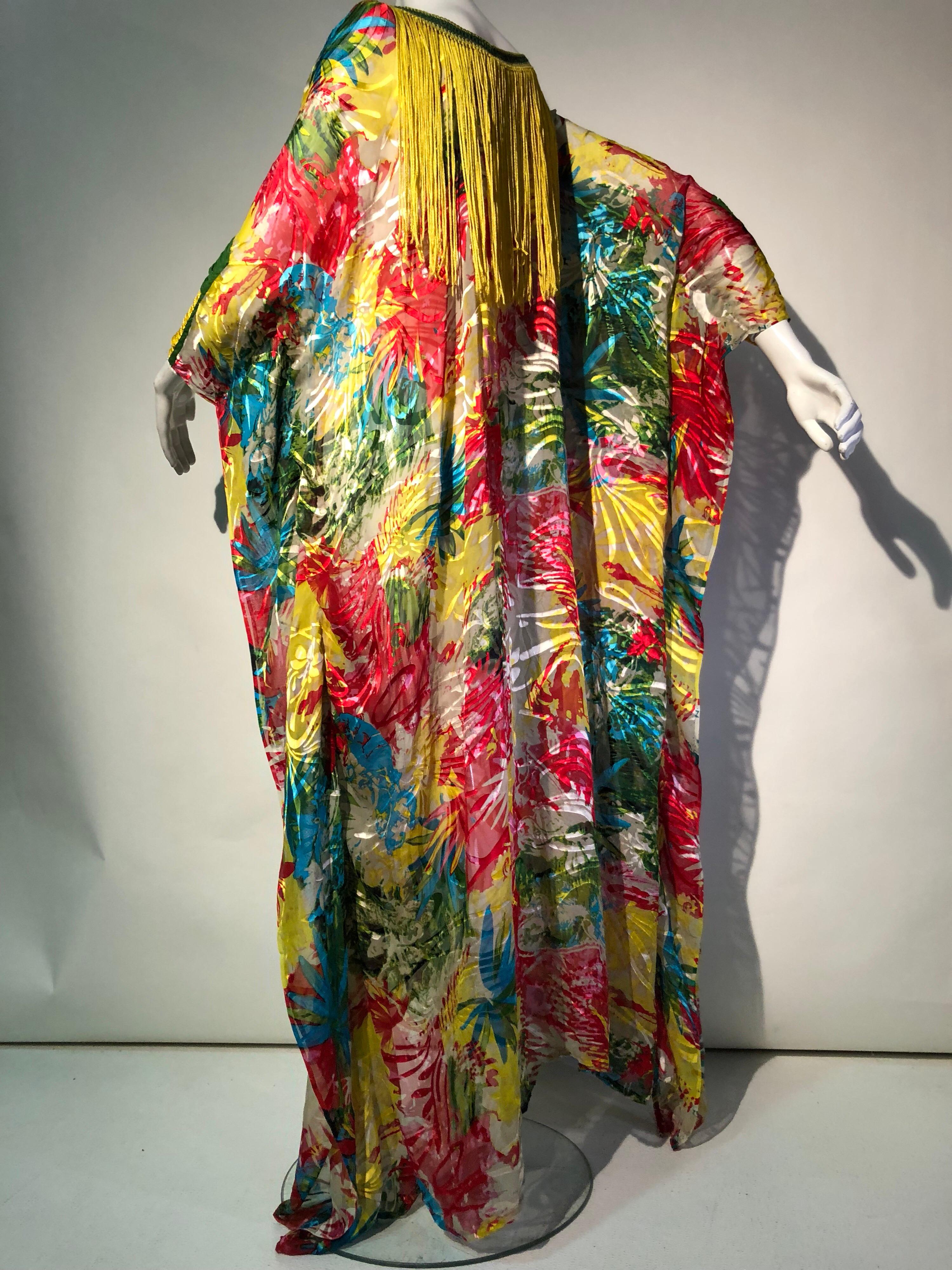 Women's 70s Style Tropical Silk Print Kaftan With Long Crochet Yellow Silk Fringe Trim