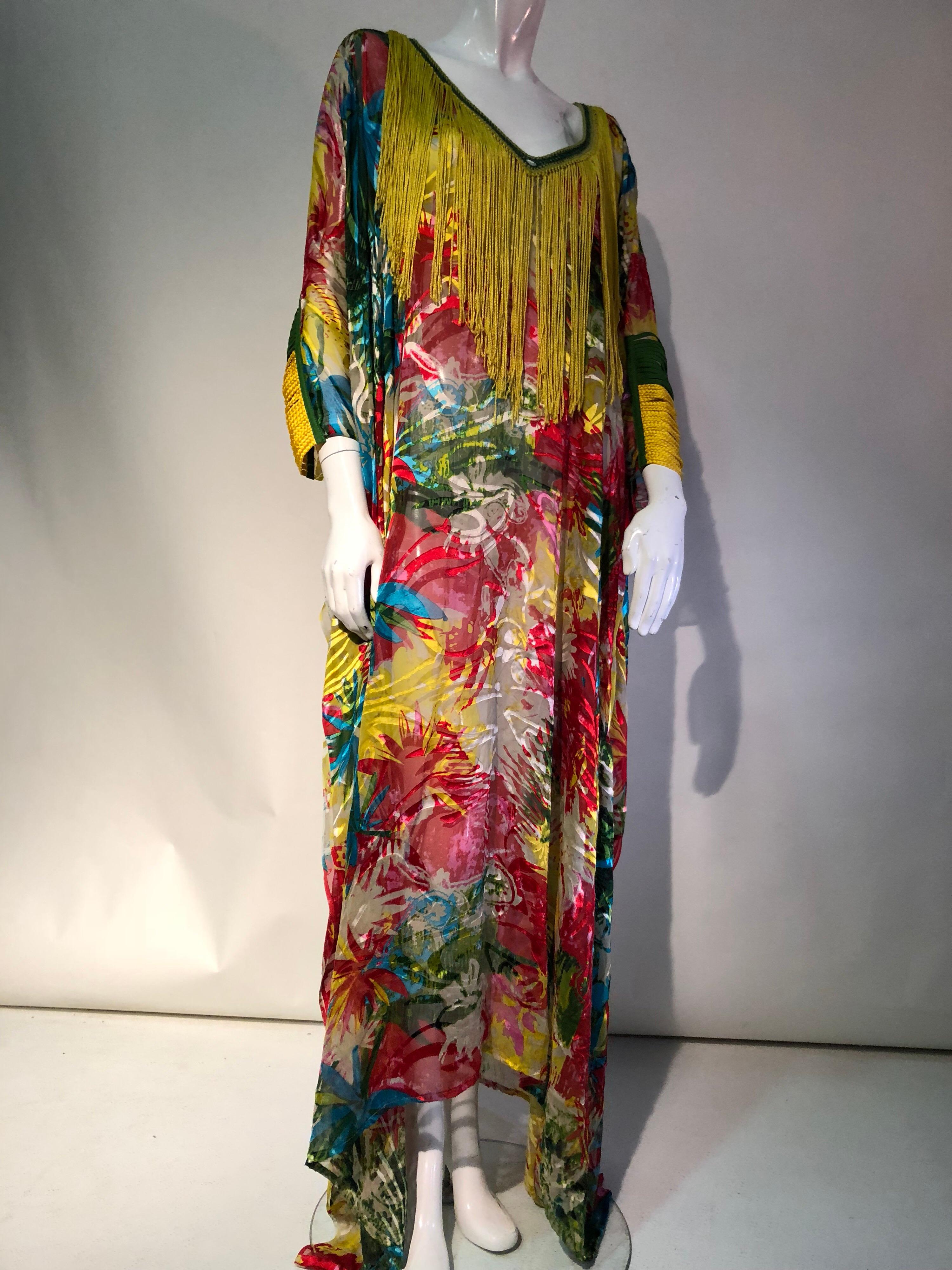 70s Style Tropical Silk Print Kaftan With Long Crochet Yellow Silk Fringe Trim 1