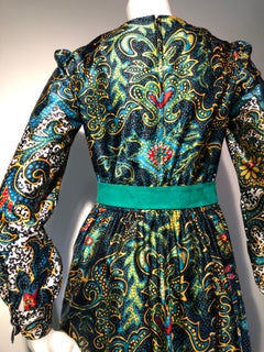 1970s Oscar de La Renta Bohemian Print Satin Maxi Dress
