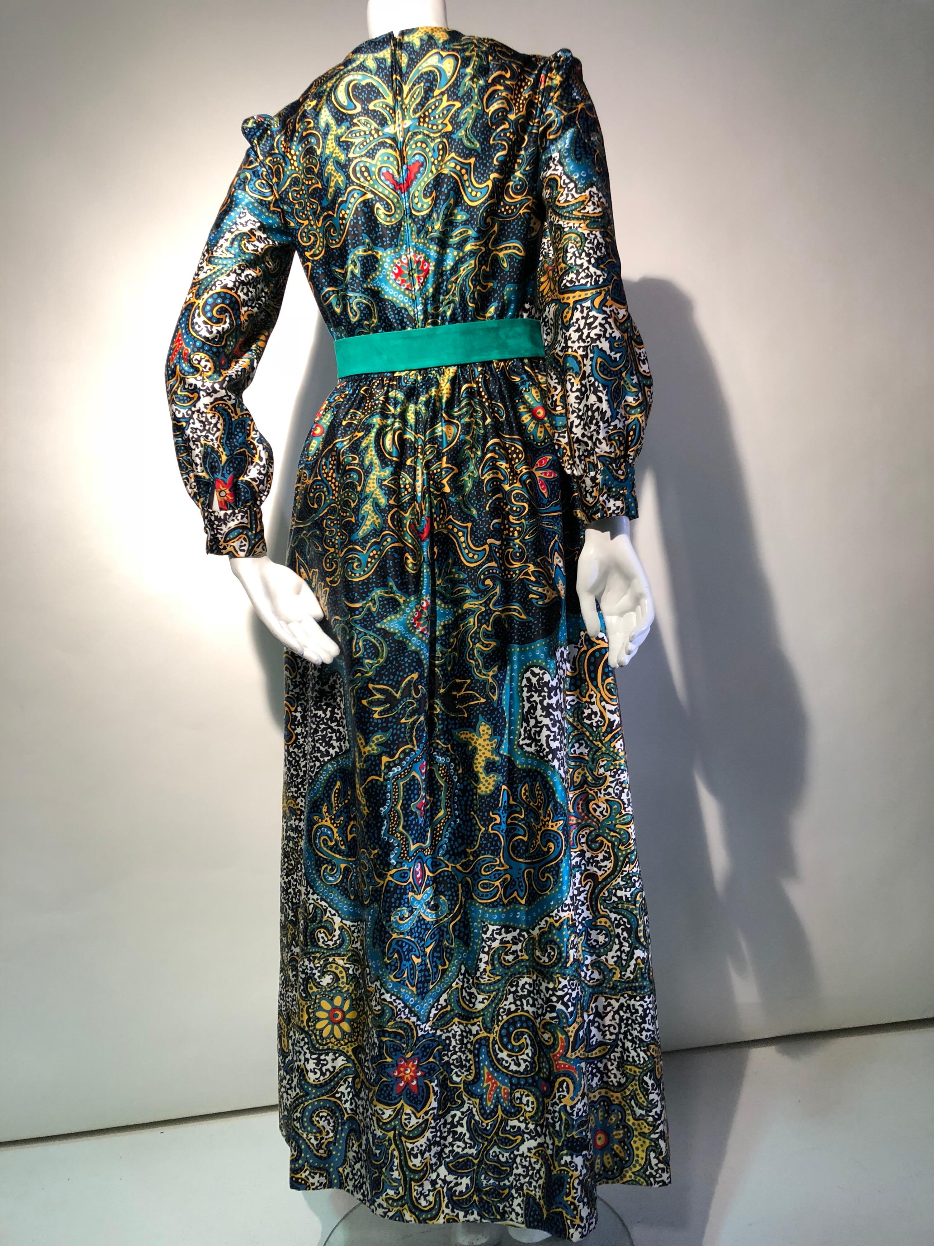 Black 1970s Oscar de La Renta Bohemian Print Satin Maxi Dress For Sale