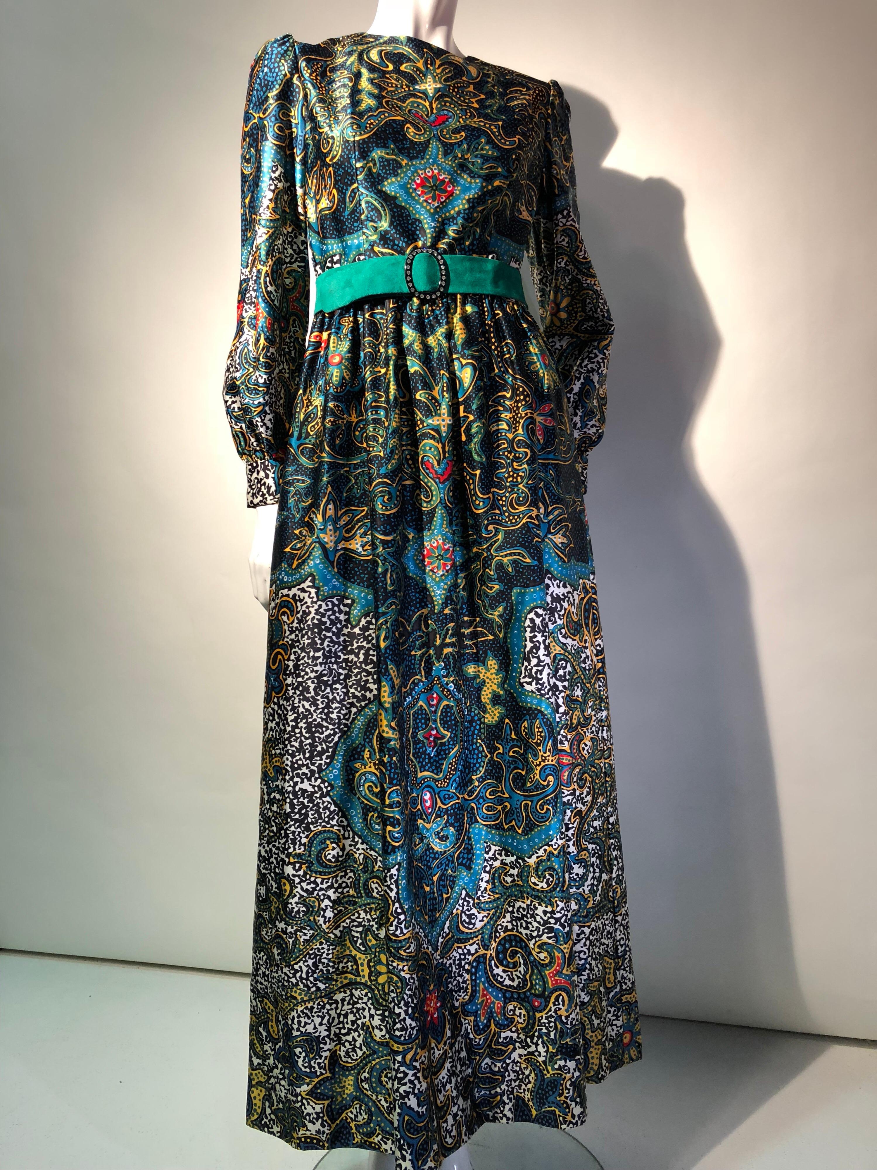 Women's 1970s Oscar de La Renta Bohemian Print Satin Maxi Dress For Sale