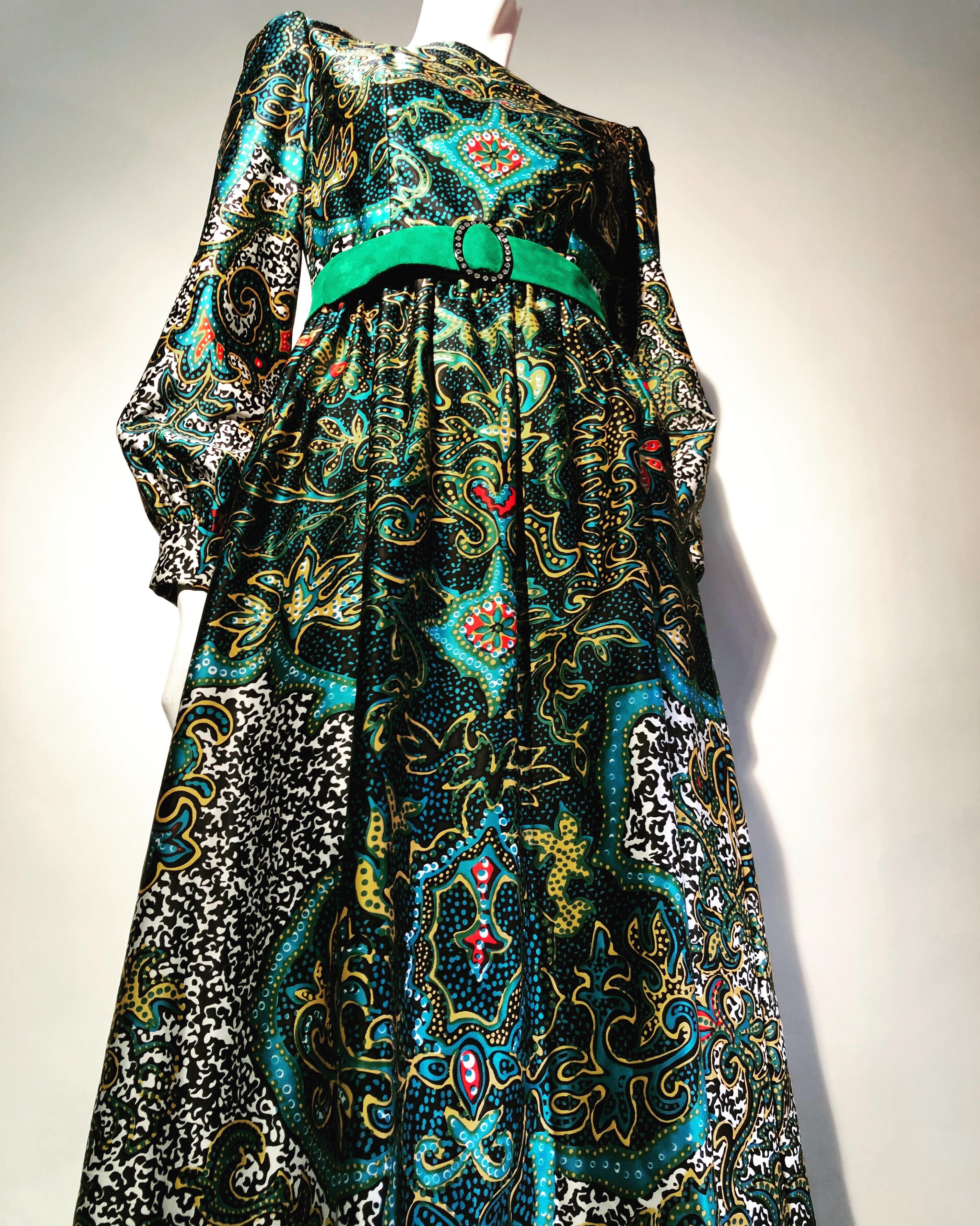 1970s Oscar de La Renta Bohemian Print Satin Maxi Dress For Sale 1