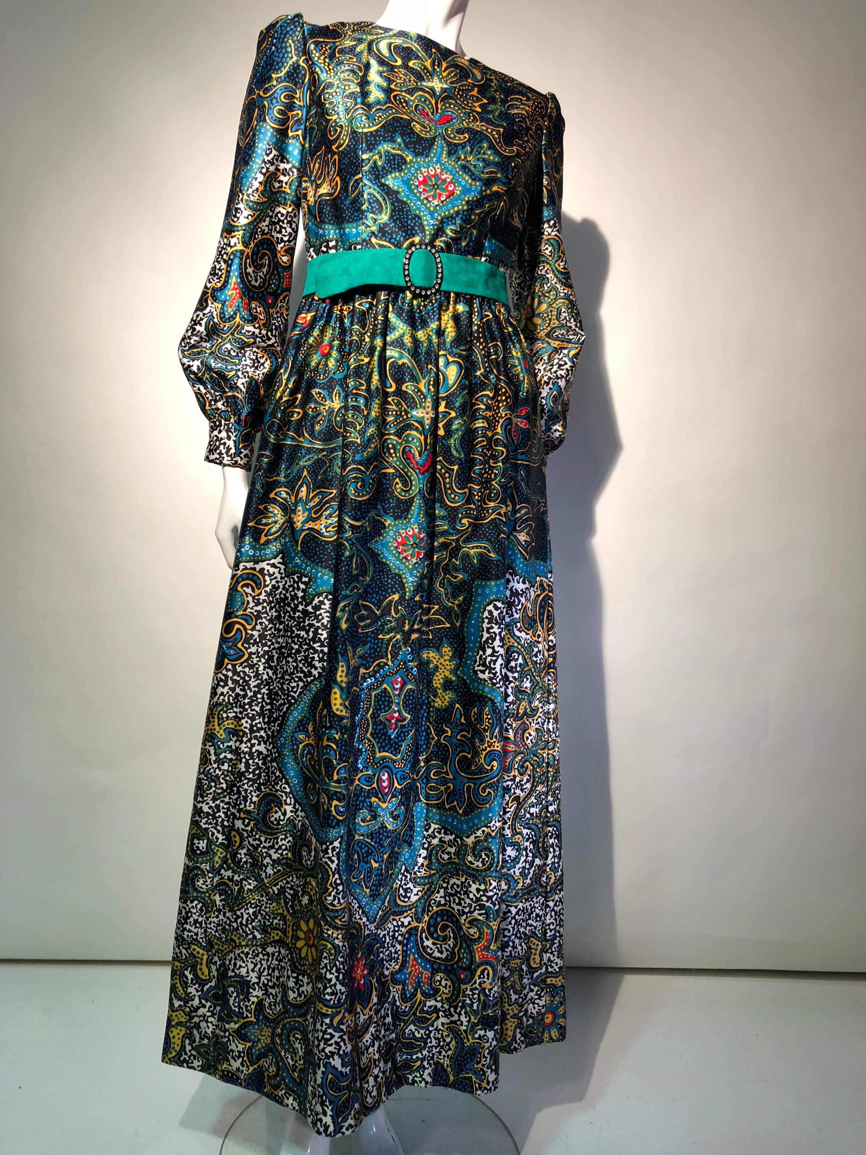 1970s Oscar de La Renta Bohemian Print Satin Maxi Dress For Sale 3