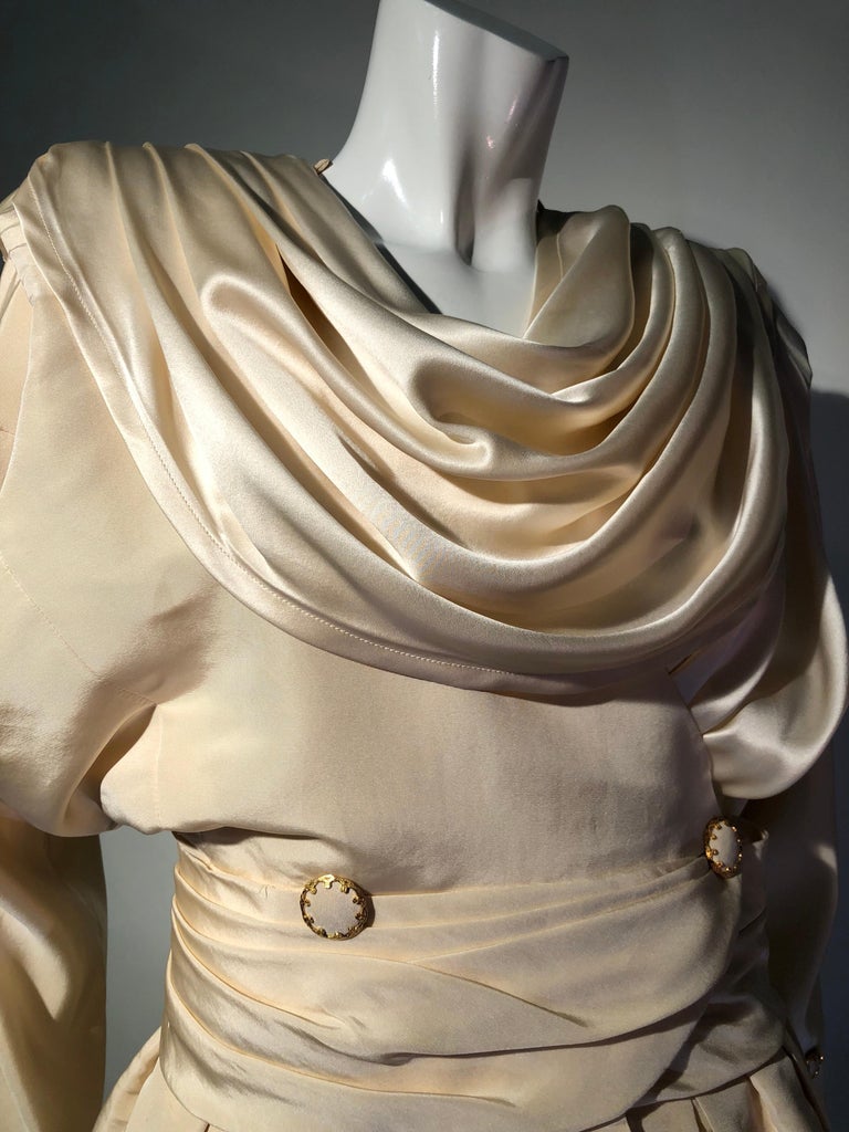 Brown Chanel Haute Couture Ivory Silk Taffeta Coat Dress With Cowl Neckline, 1990s  For Sale