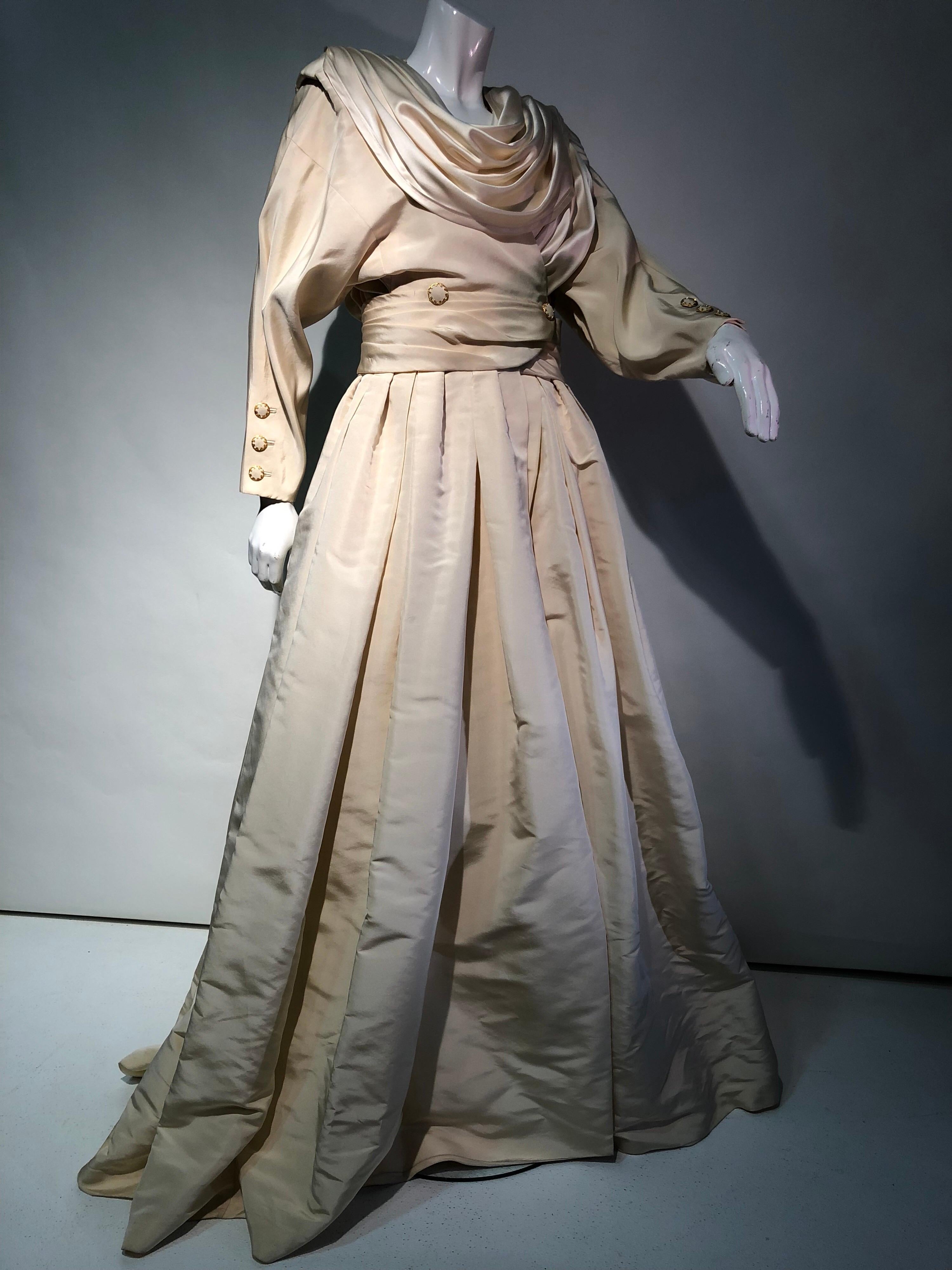 Chanel Haute Couture Ivory Silk Taffeta Coat Dress With Cowl Neckline, 1990s  1