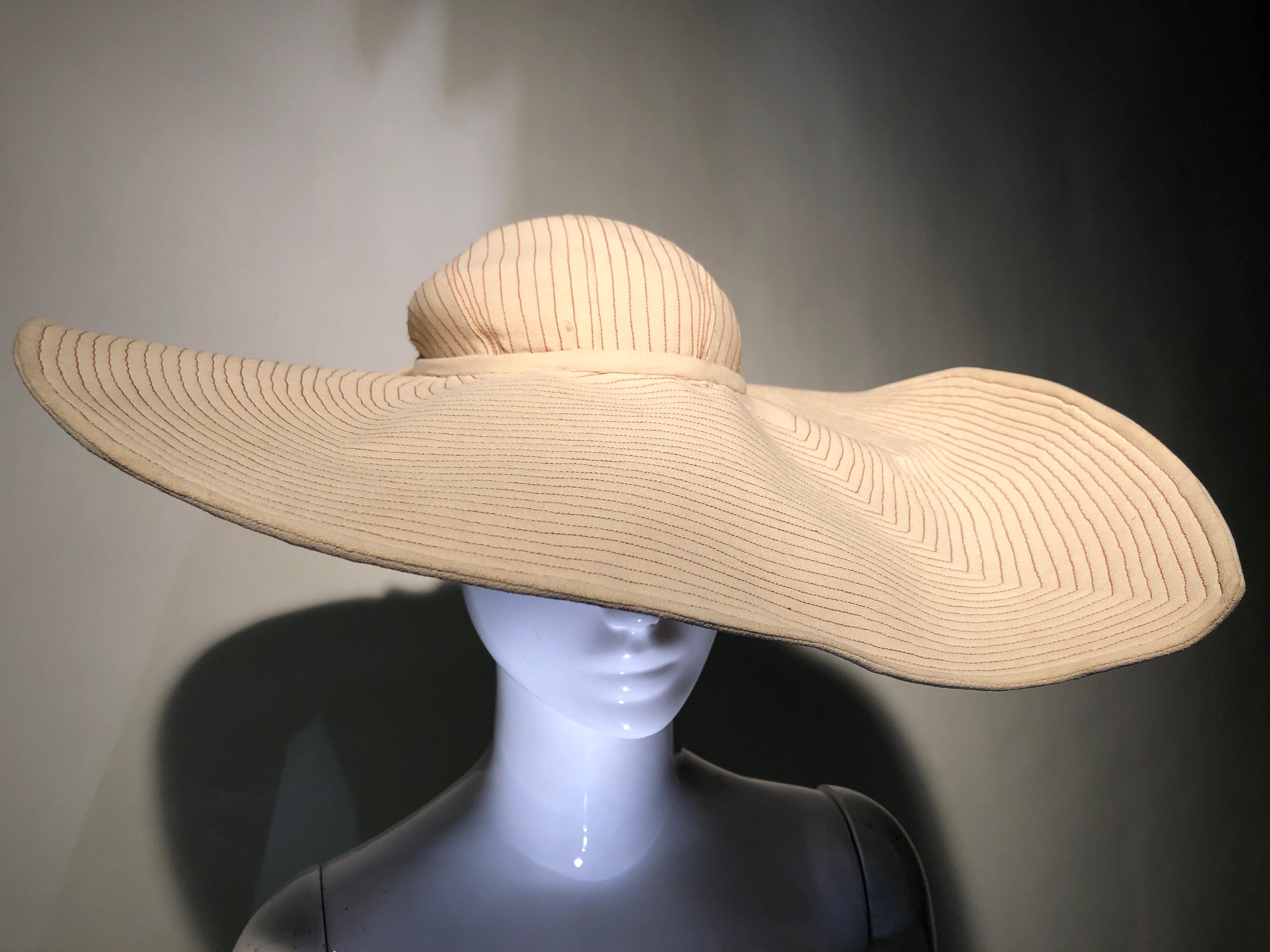 Brown 1930s Lucille Morgan Eggshell Summer Crepe Picture Hat With Trapunto Stitching For Sale