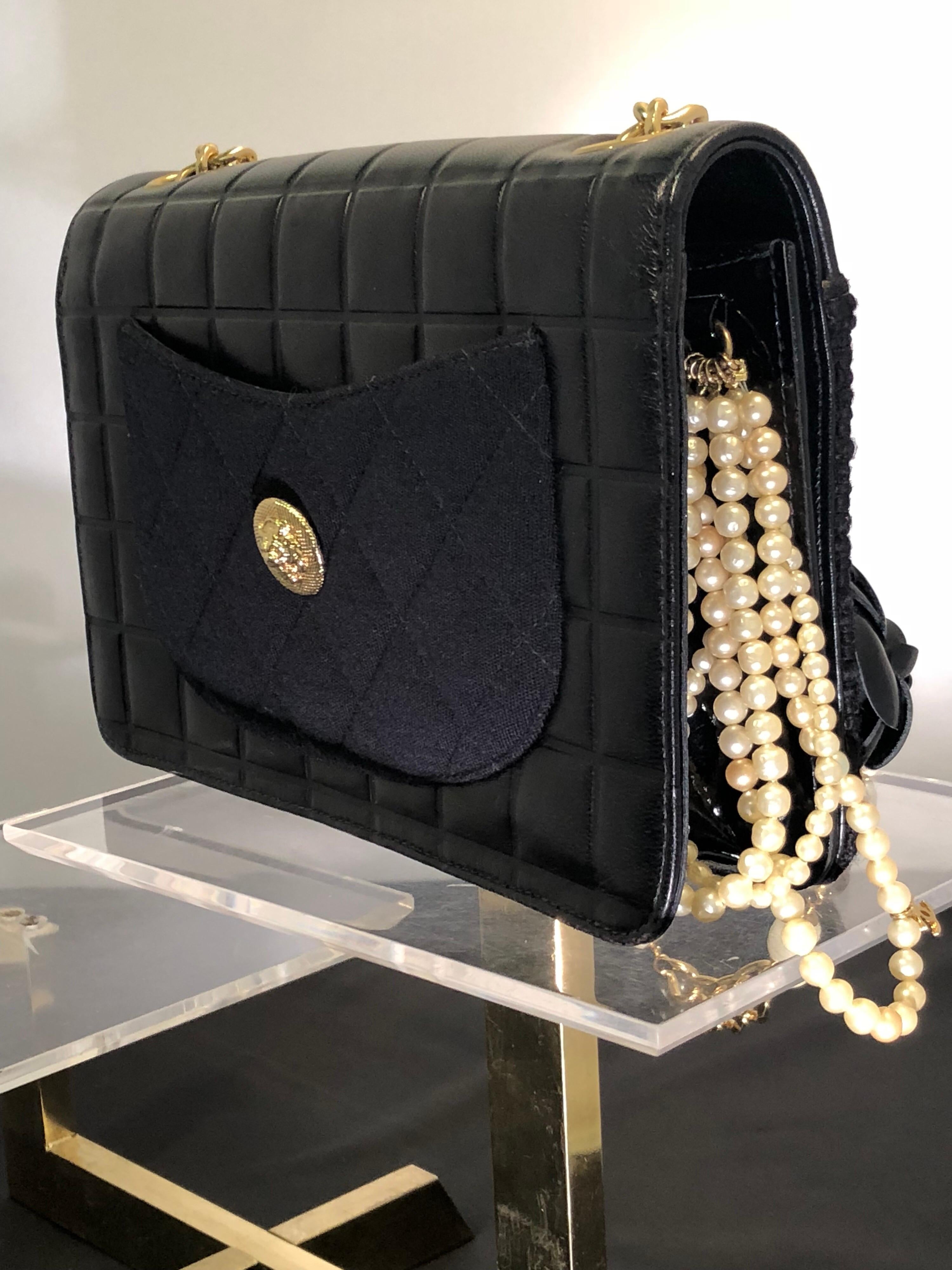 Chanel Black Boucle / Kid Leather Handbag with Camellia and CC Pearls 2