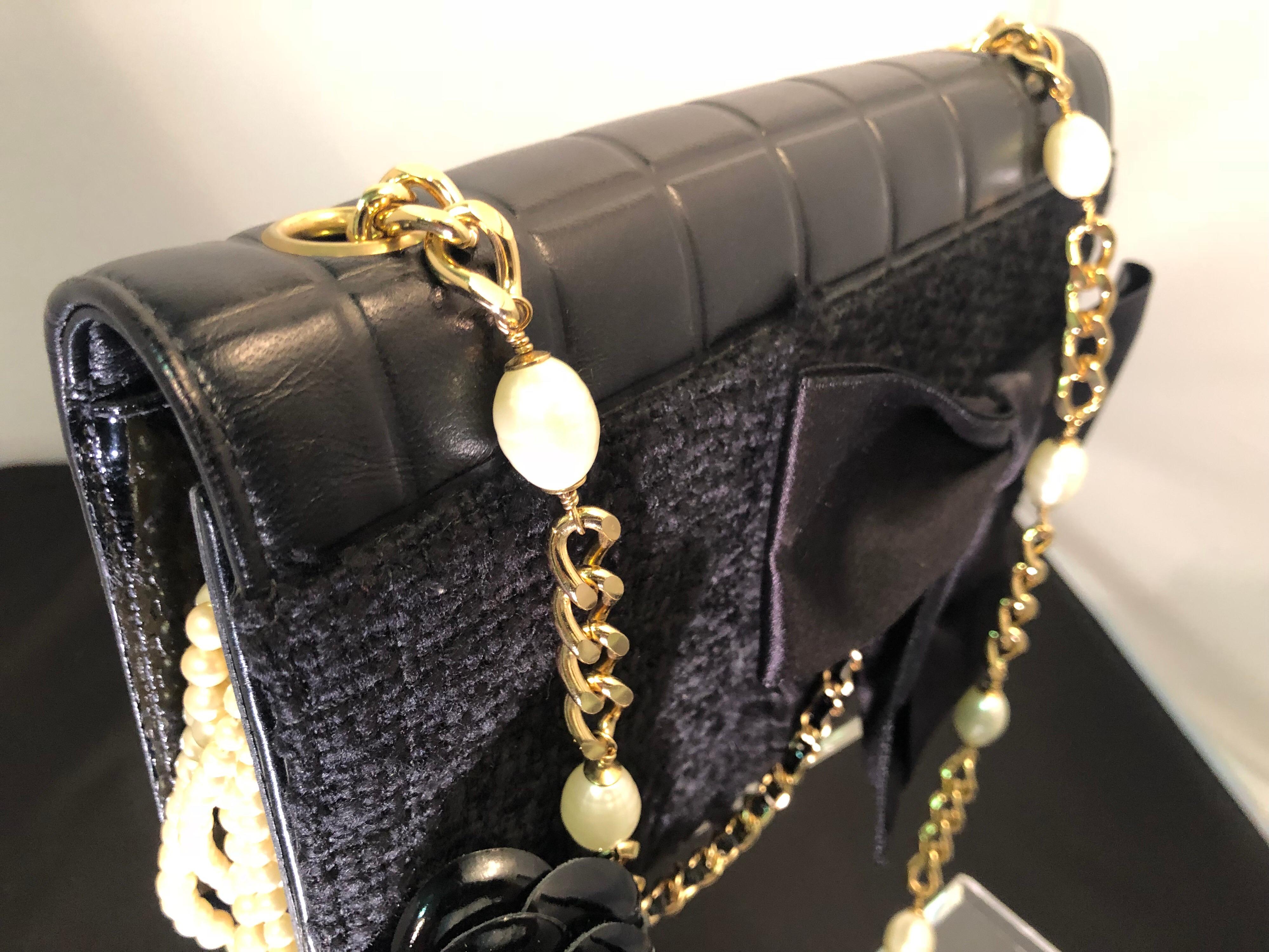 Chanel Black Boucle / Kid Leather Handbag with Camellia and CC Pearls 4