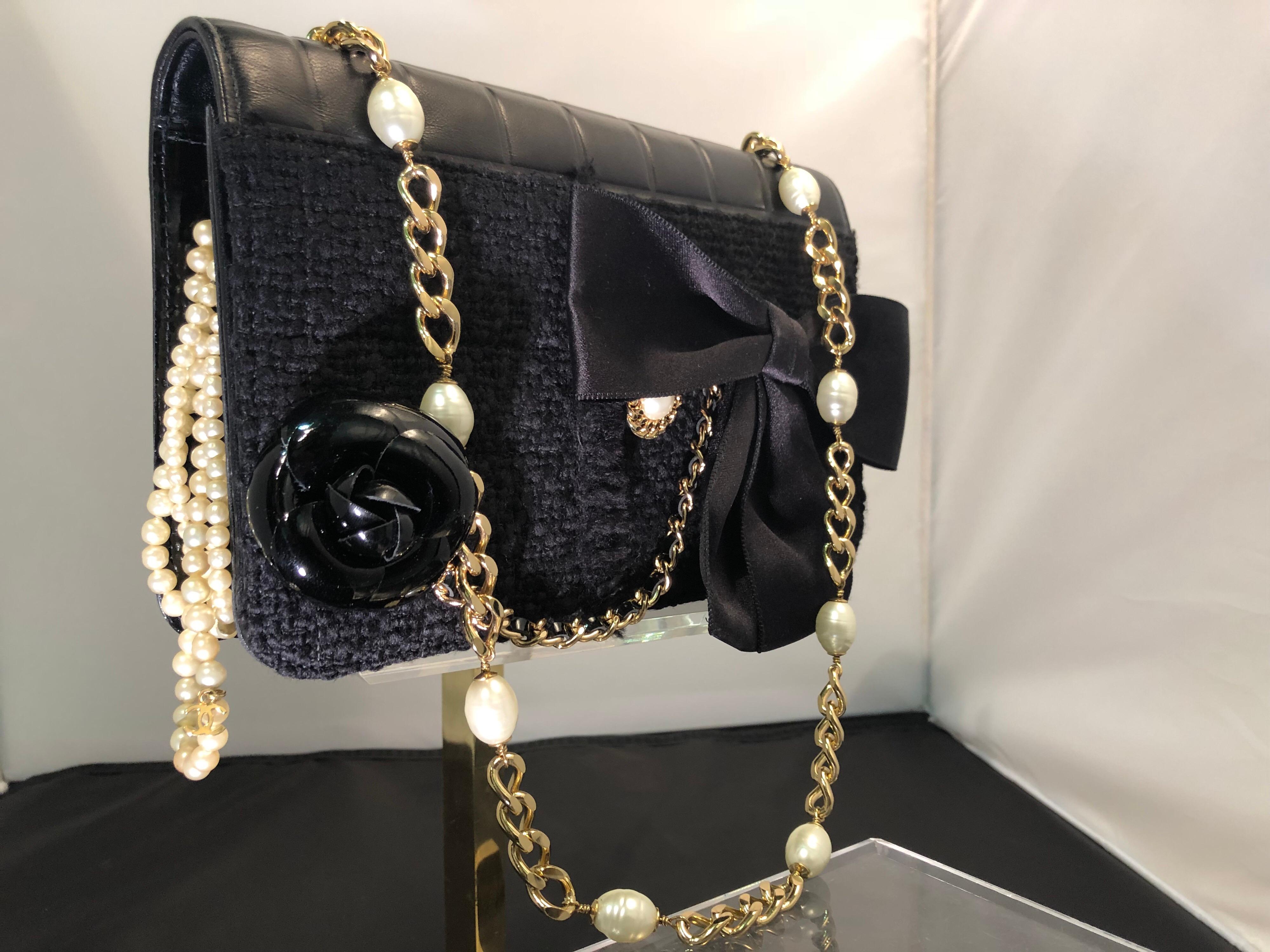 Chanel Black Boucle / Kid Leather Handbag with Camellia and CC Pearls 6