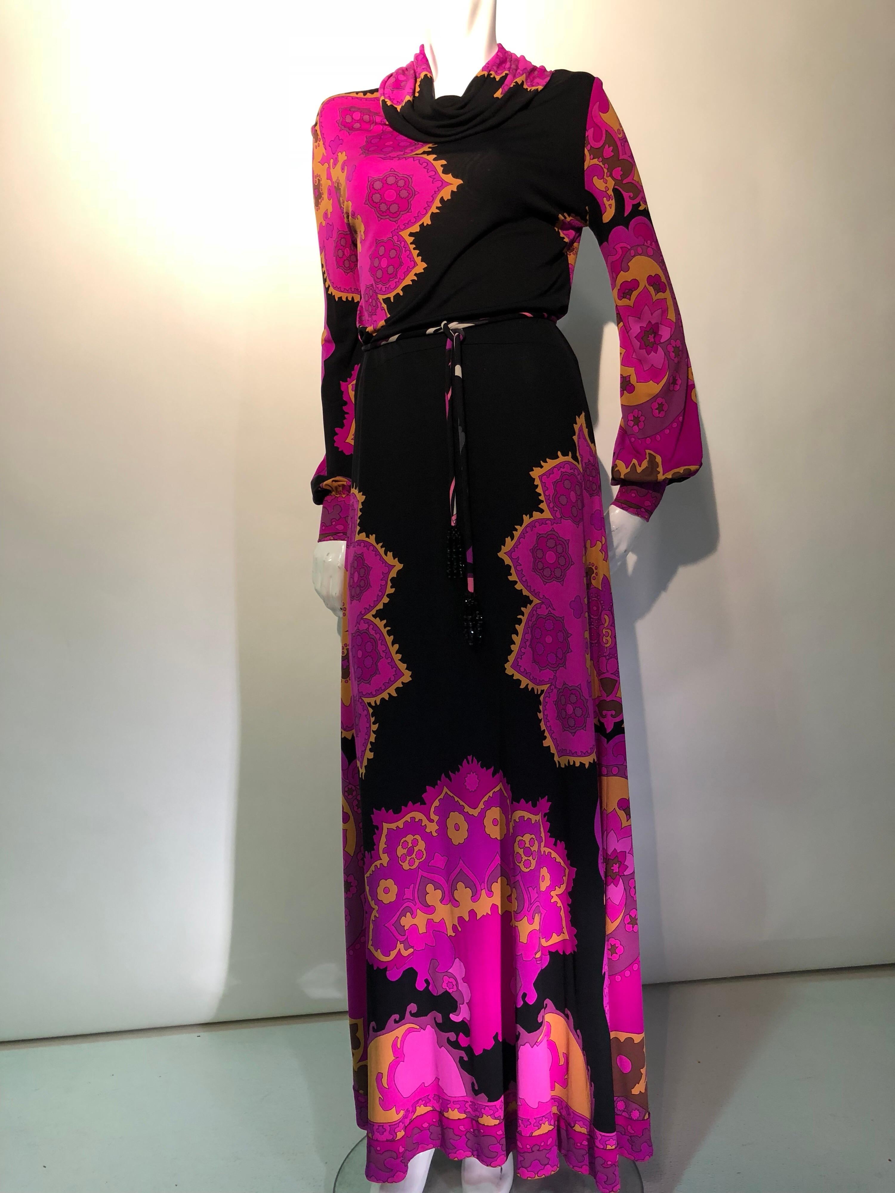 1970s Leonard Paris psychedelic-print silk jersey maxi dress with cowl neckline and balloon sleeves. Fuchsia, orange and black colorway. Leonard was known for their supremely light weight silk jerseys. An exciting example of their forté.