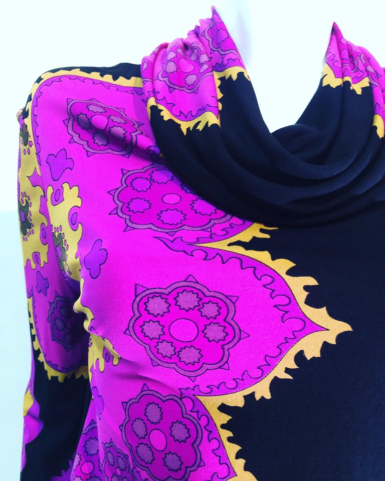 1960s Signed Swirl Print Leonard Paris Silk Dress Fringe Belt
