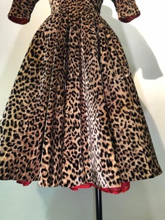 1950s Suzy Perette Leopard Print Velvet Swing Cocktail Dress W/ Red Crinoline