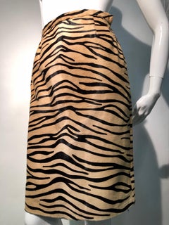 1980s Bill Blass Tiger Print Stenciled Calf Fur Pencil Skirt