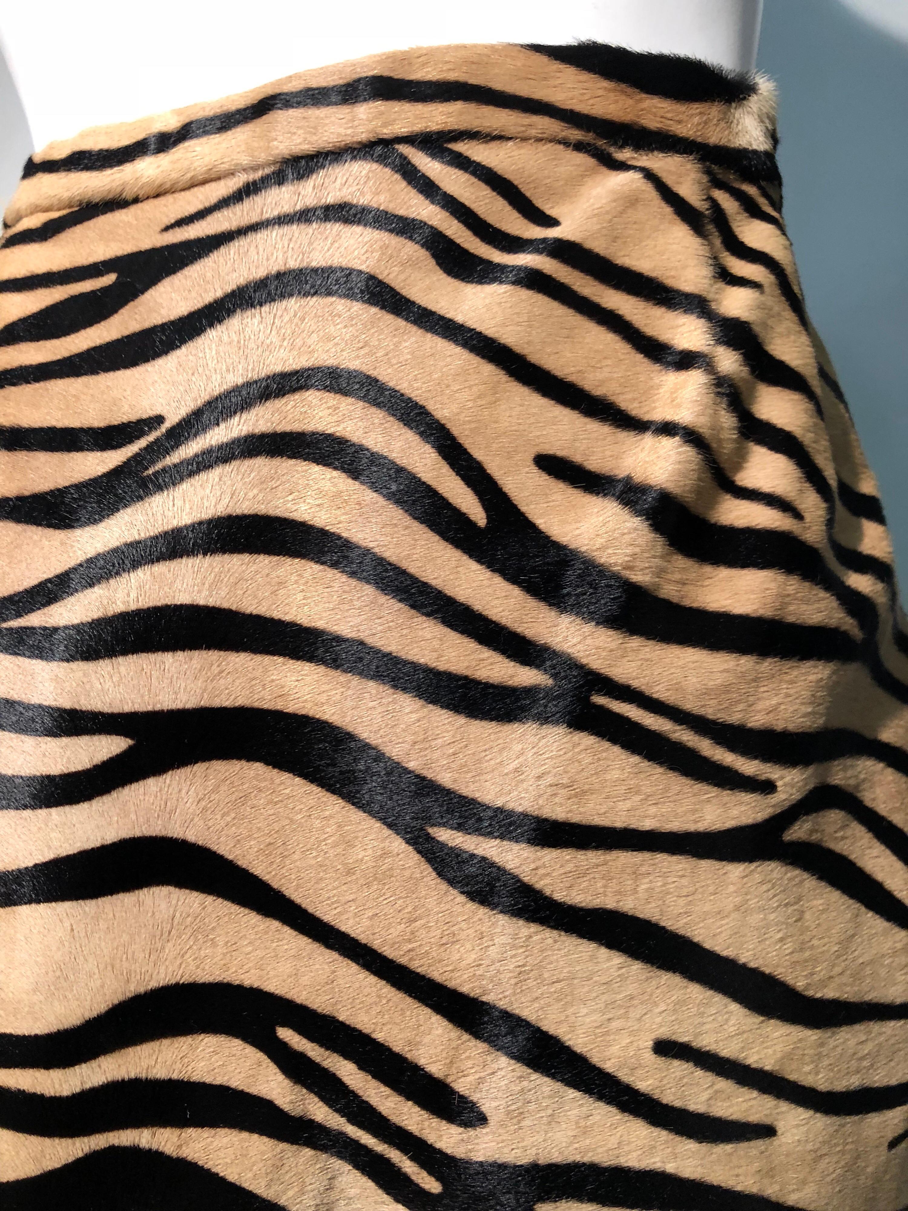 Brown 1980s Bill Blass Tiger Print Stenciled Calf Fur Pencil Skirt  For Sale