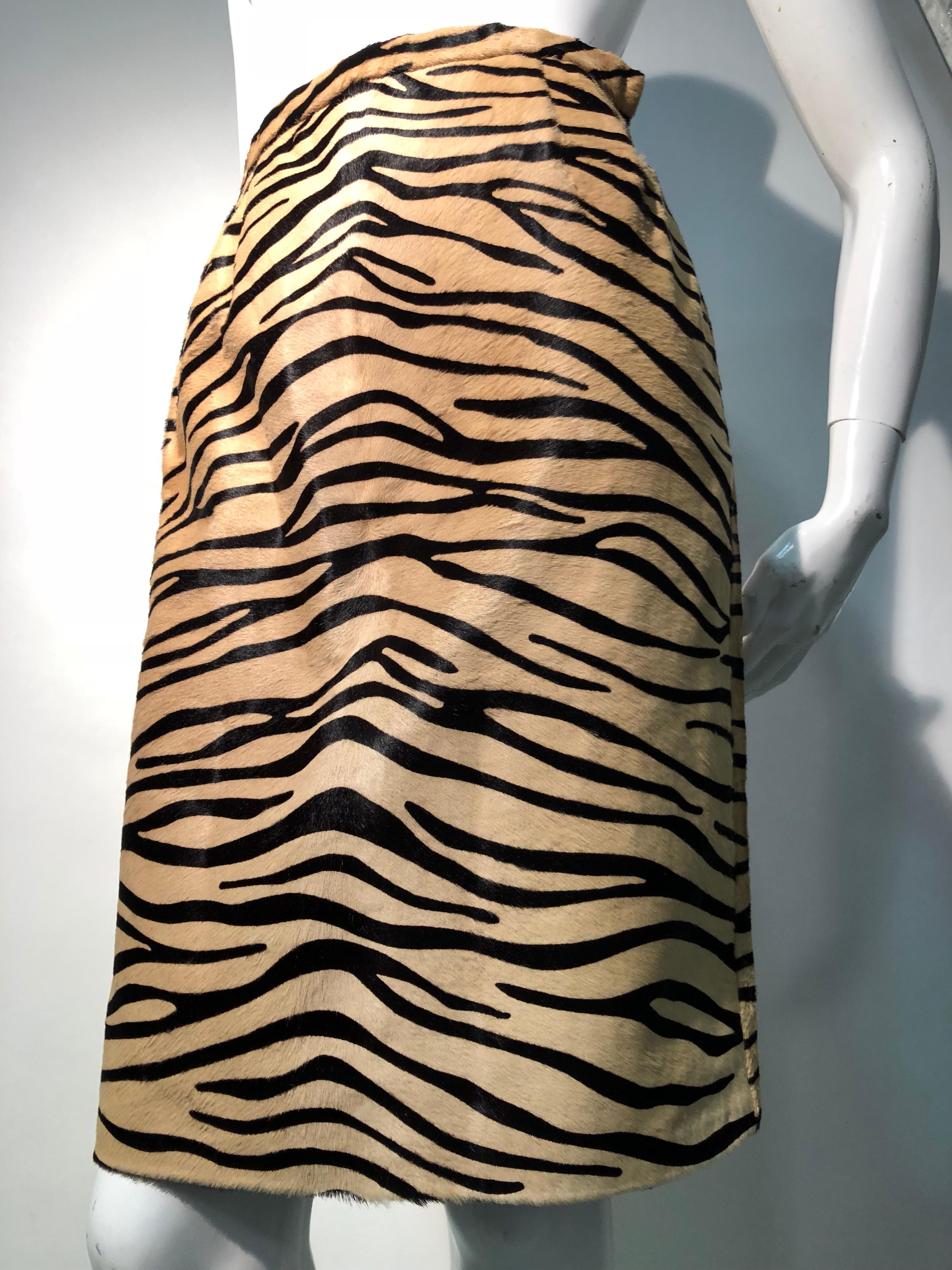 Women's 1980s Bill Blass Tiger Print Stenciled Calf Fur Pencil Skirt  For Sale