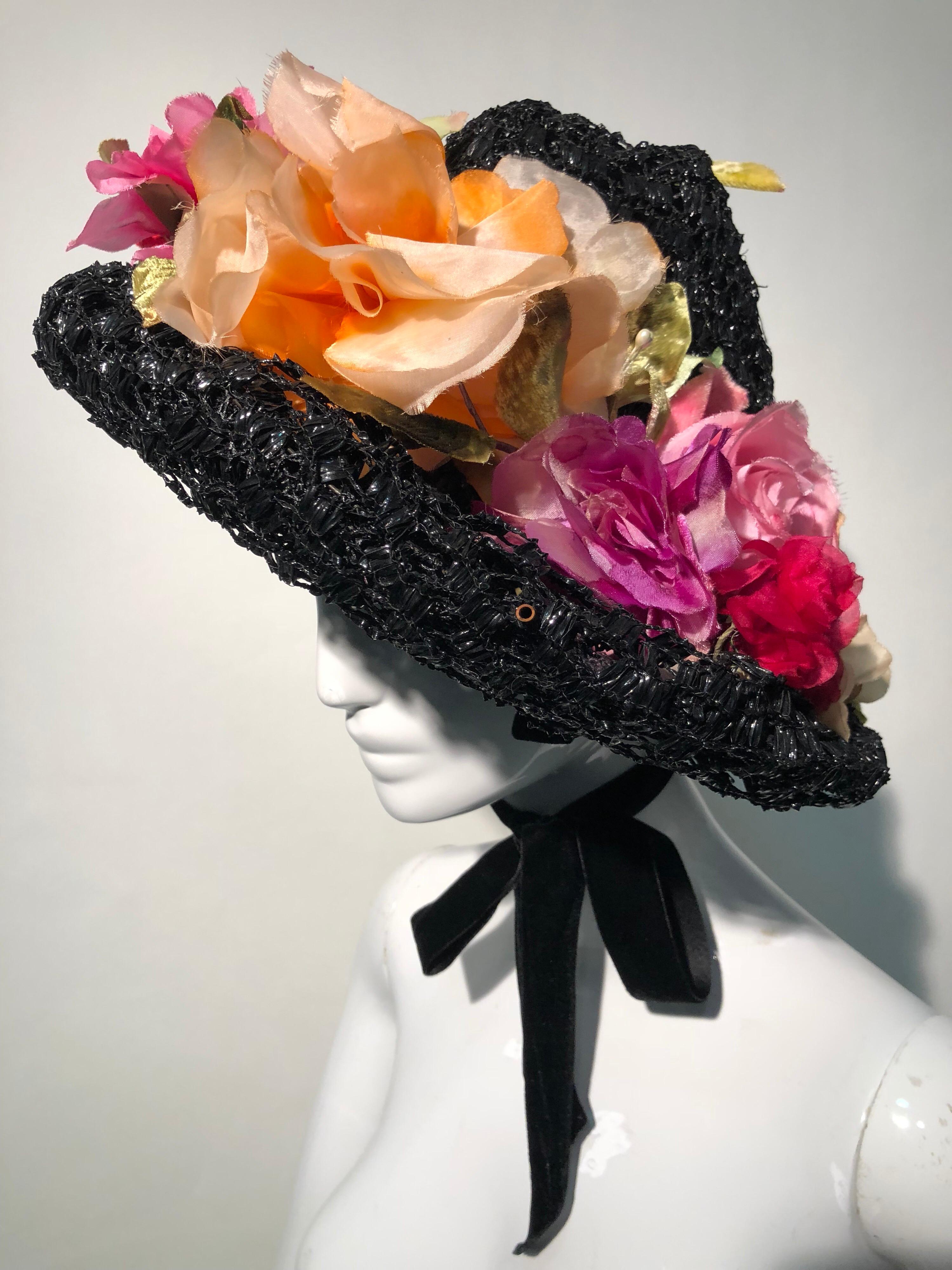 Beige 1950s Irina Roublon Silk Floral Trim Black Straw Hat W/ Velvet Ribbons For Sale
