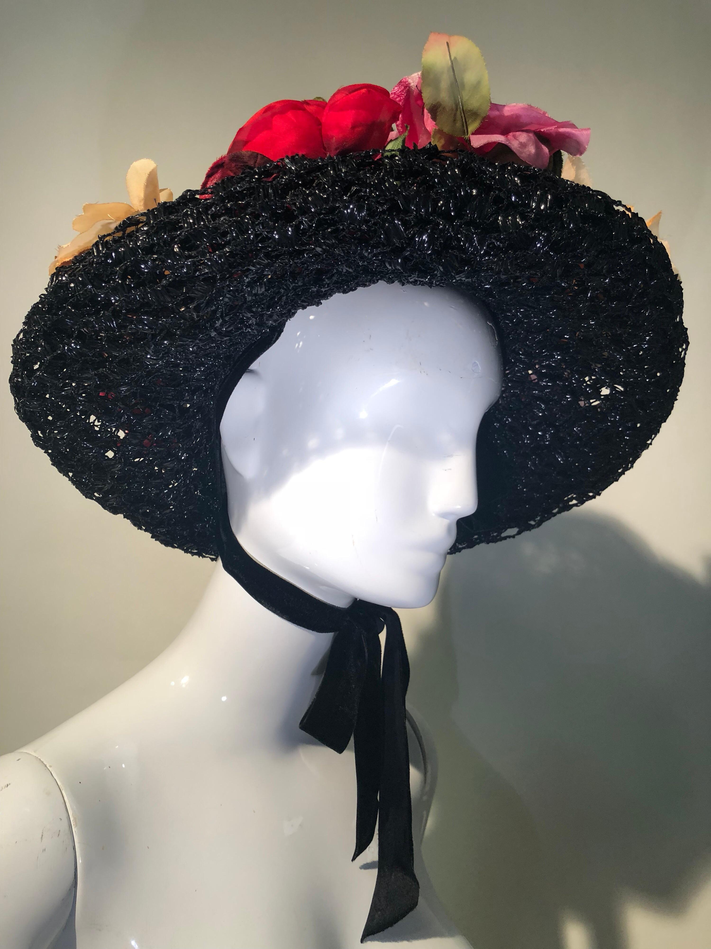 1950s Irina Roublon Silk Floral Trim Black Straw Hat W/ Velvet Ribbons In Excellent Condition For Sale In Gresham, OR