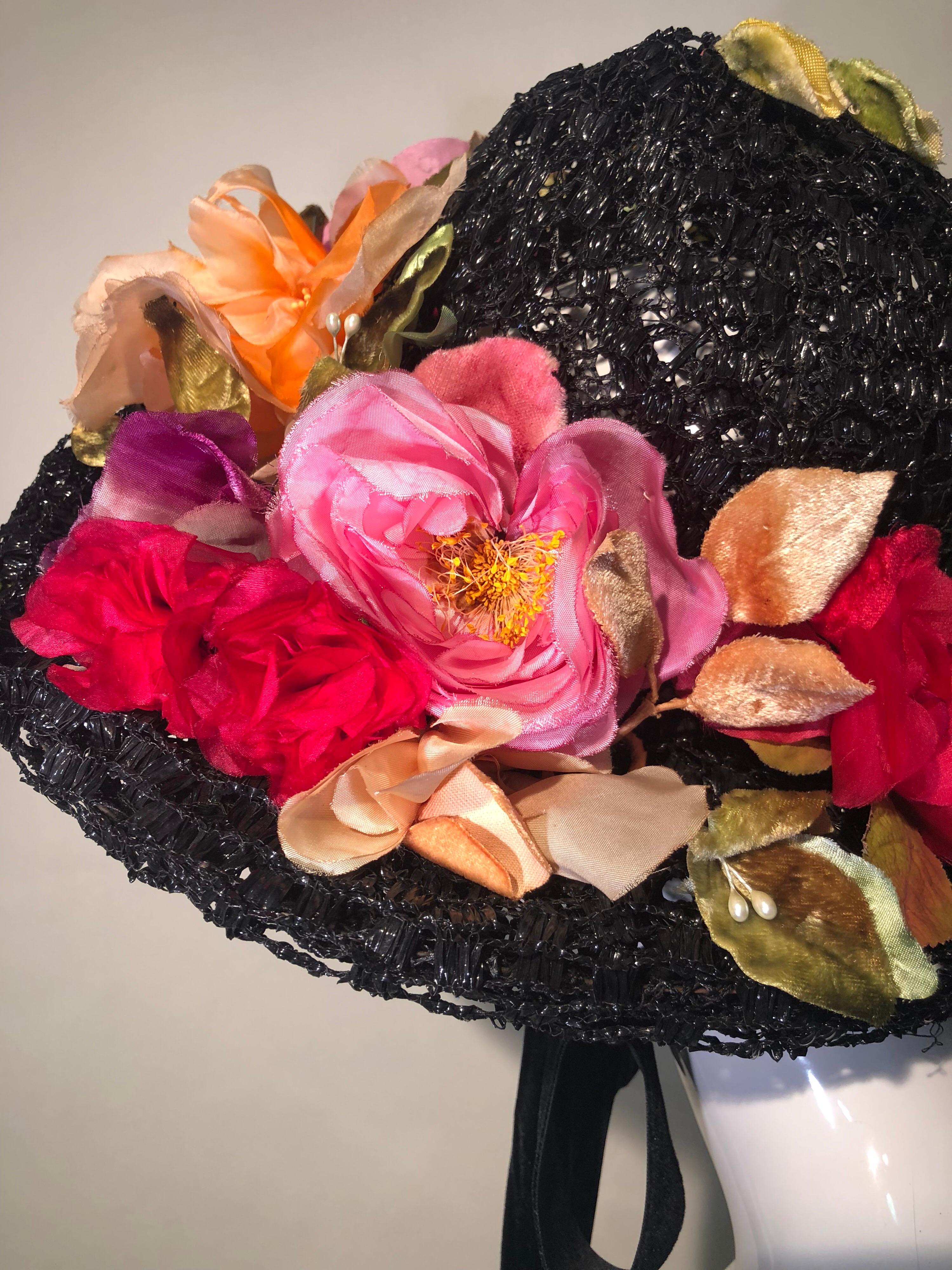 Women's 1950s Irina Roublon Silk Floral Trim Black Straw Hat W/ Velvet Ribbons For Sale