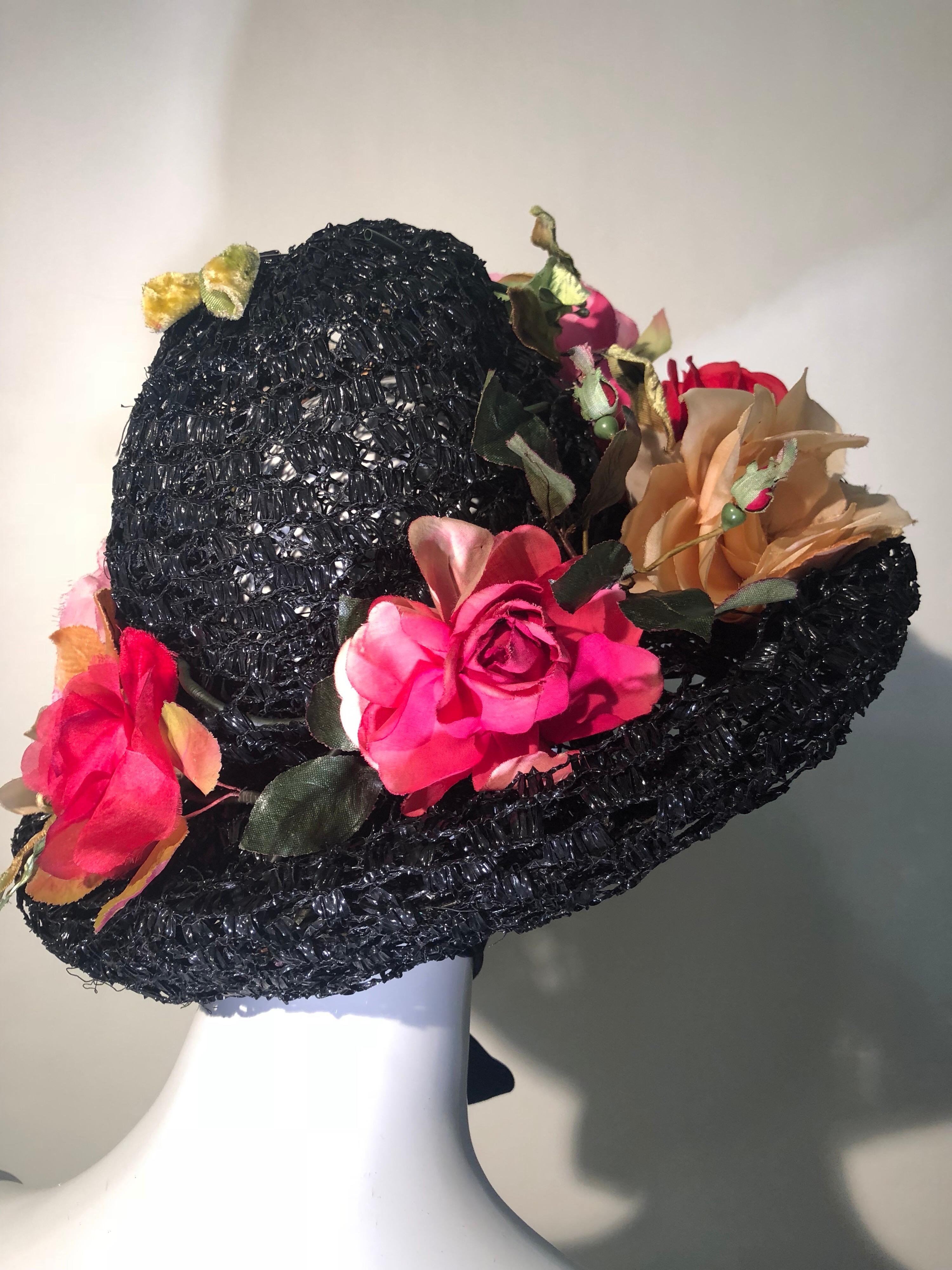 1950s Irina Roublon Silk Floral Trim Black Straw Hat W/ Velvet Ribbons For Sale 1
