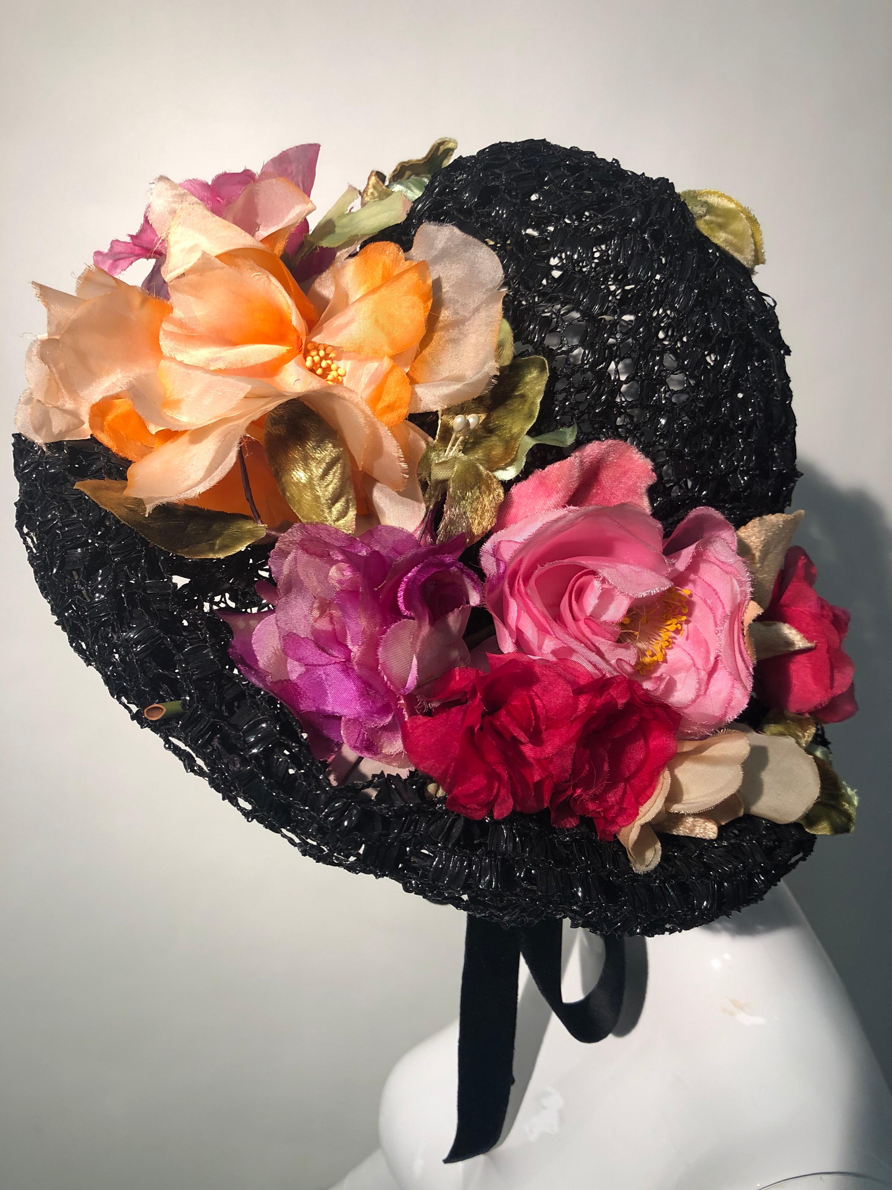 1950s Irina Roublon Silk Floral Trim Black Straw Hat W/ Velvet Ribbons For Sale 2