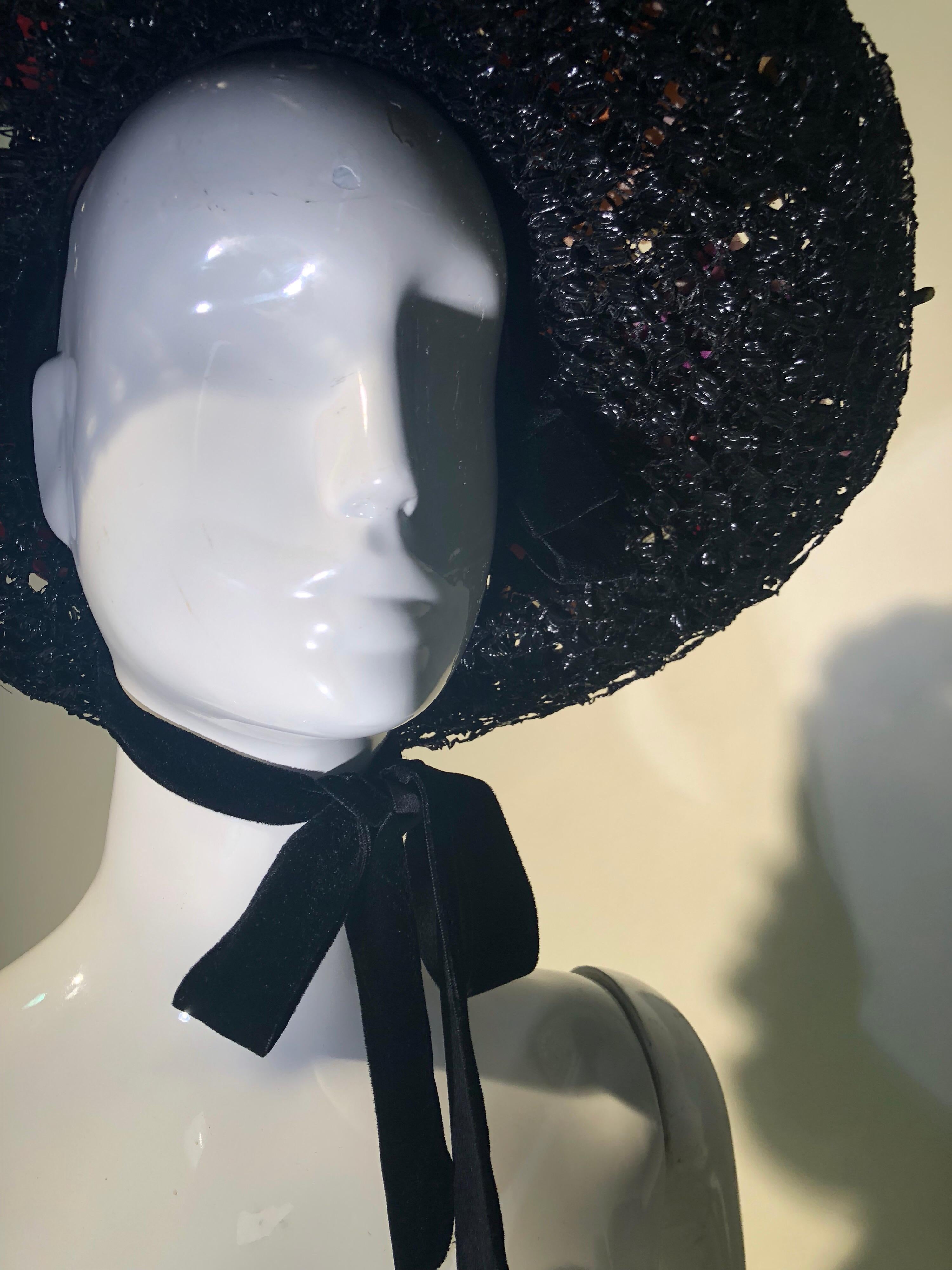 1950s Irina Roublon Silk Floral Trim Black Straw Hat W/ Velvet Ribbons For Sale 3