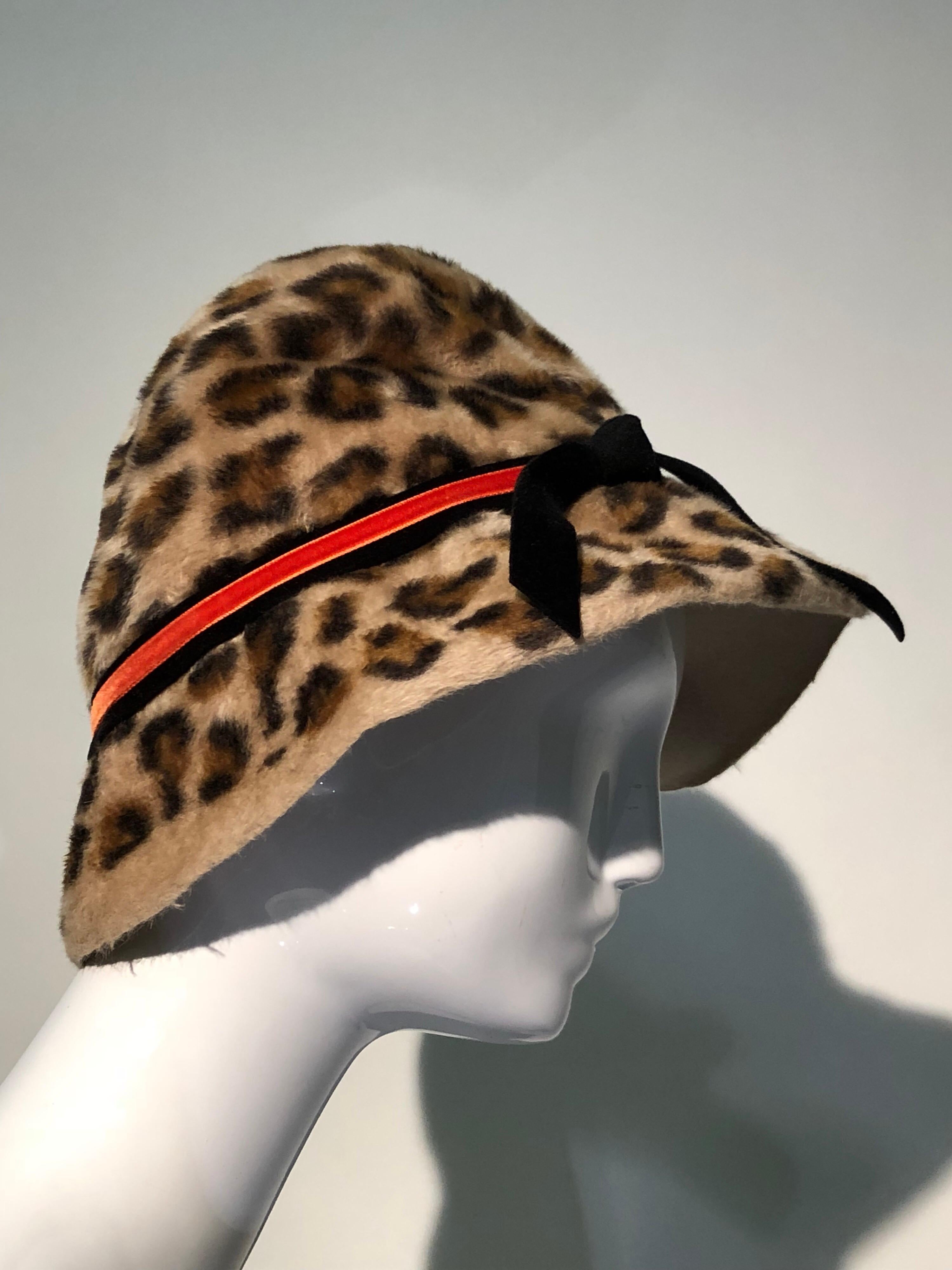 Women's 1960s Mr. John Leopard Print Bucket Mod Hat In Fur Felt W/ Orange Velvet Ribbon For Sale