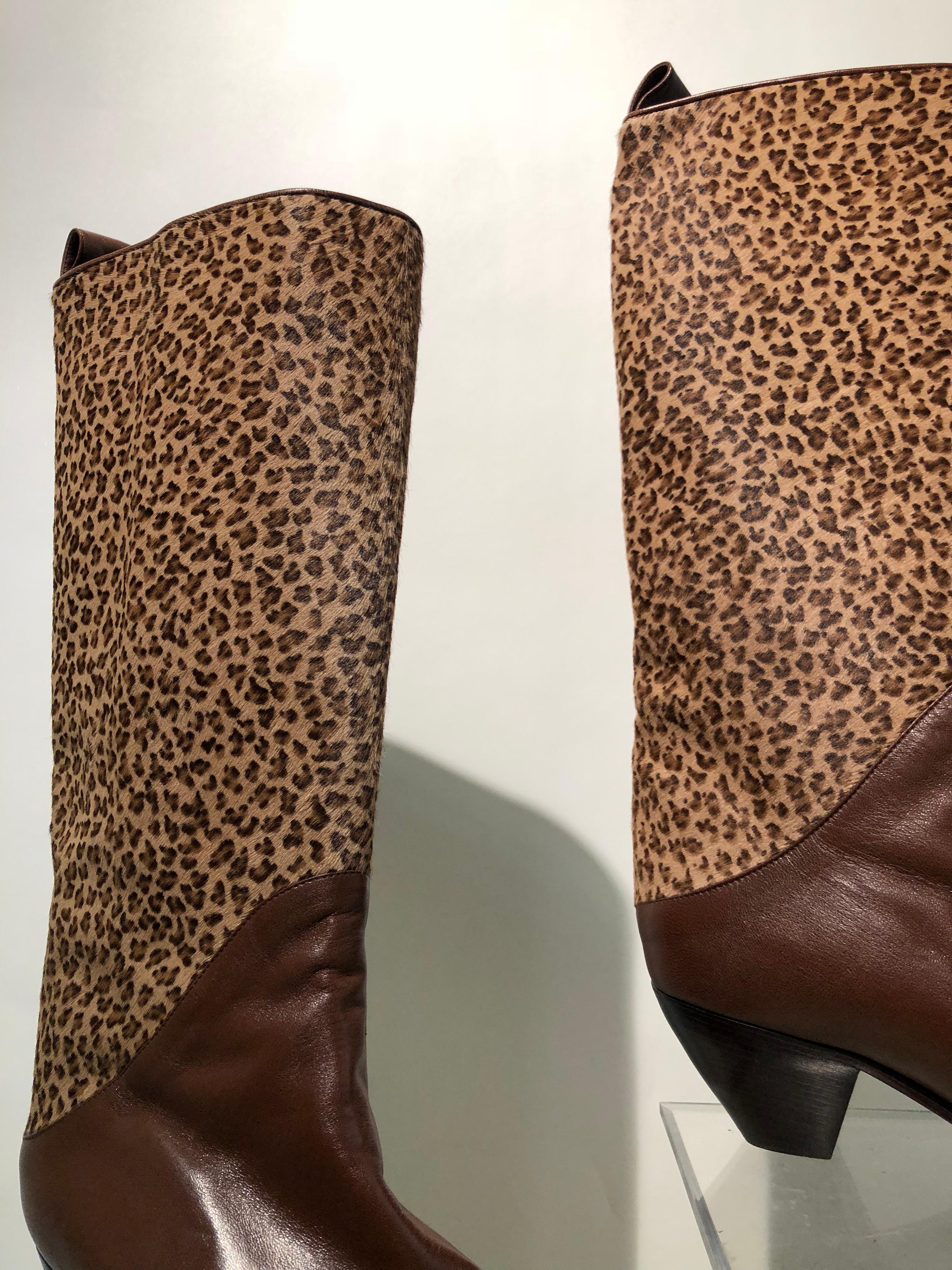 1980s Miss Maud Frizon Paris leopard stenciled calf hide and glazed leather 