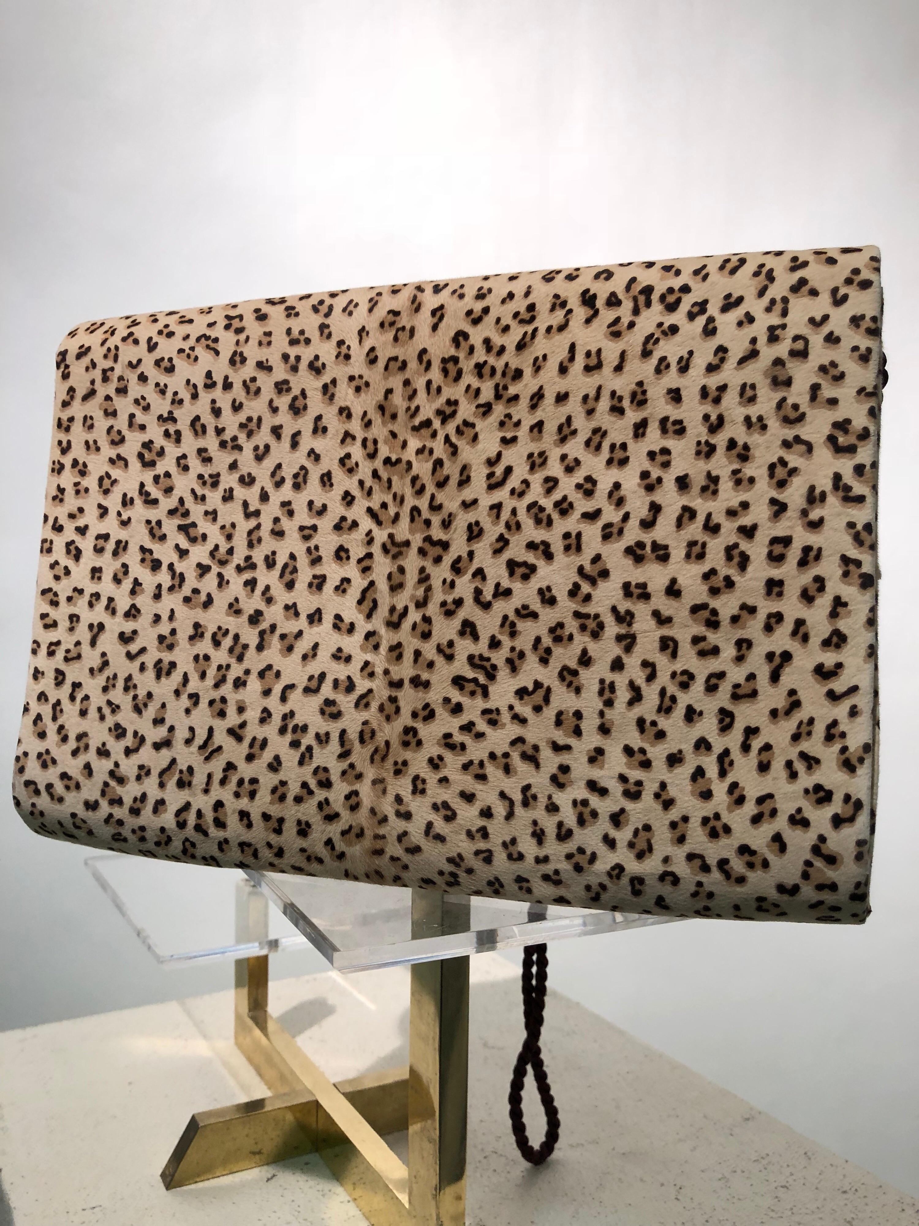 Brown 1980s Dominique Aurientis Paris Leopard Print Stenciled Calfskin Shoulder Bag  For Sale
