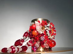 1970s Style Vintage Wide Brass Cuff with Vintage Red Glass Beaded Fringe Cluster