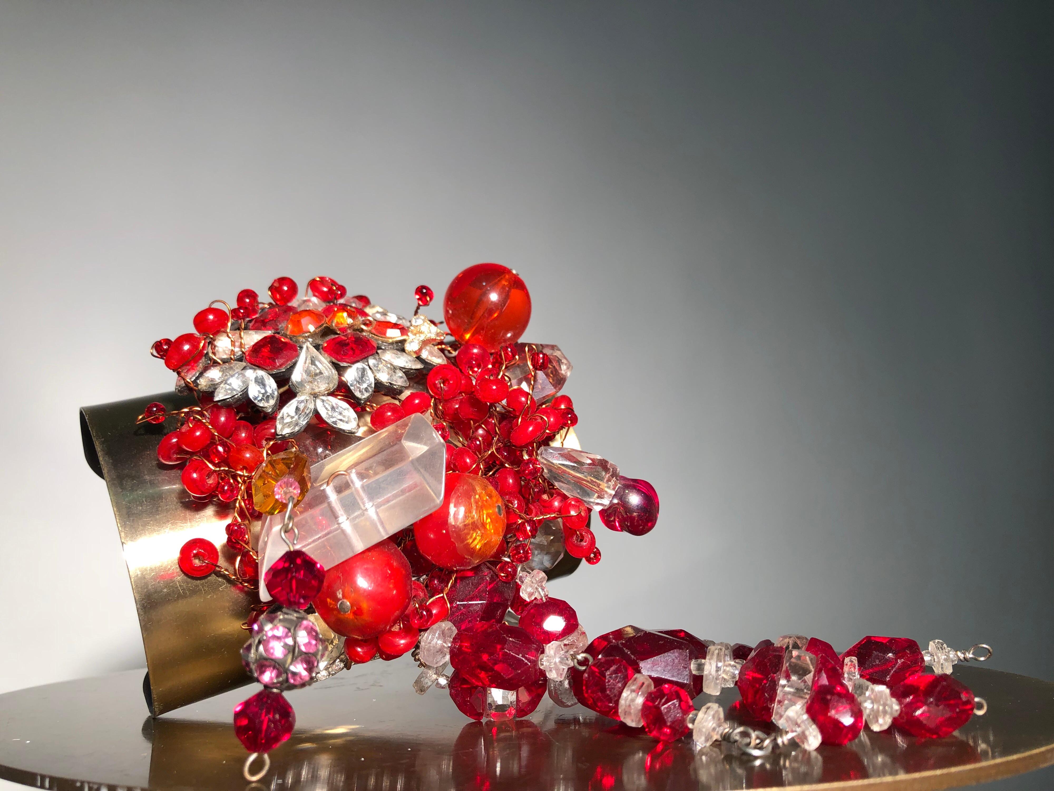 1970s Style Vintage Wide Brass Cuff with Vintage Red Glass Beaded Fringe Cluster For Sale 1