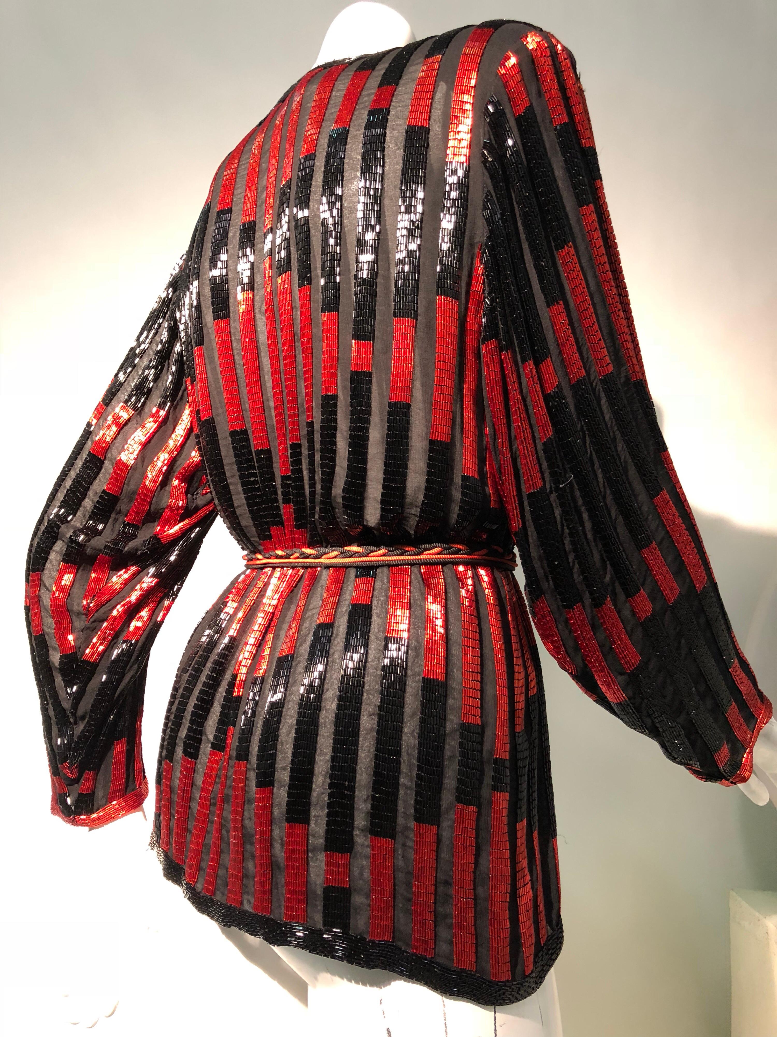 Red and Black Bugle Bead Striped Silk Chiffon Tunic Top with Tassel Tie Belt  In Excellent Condition In Gresham, OR