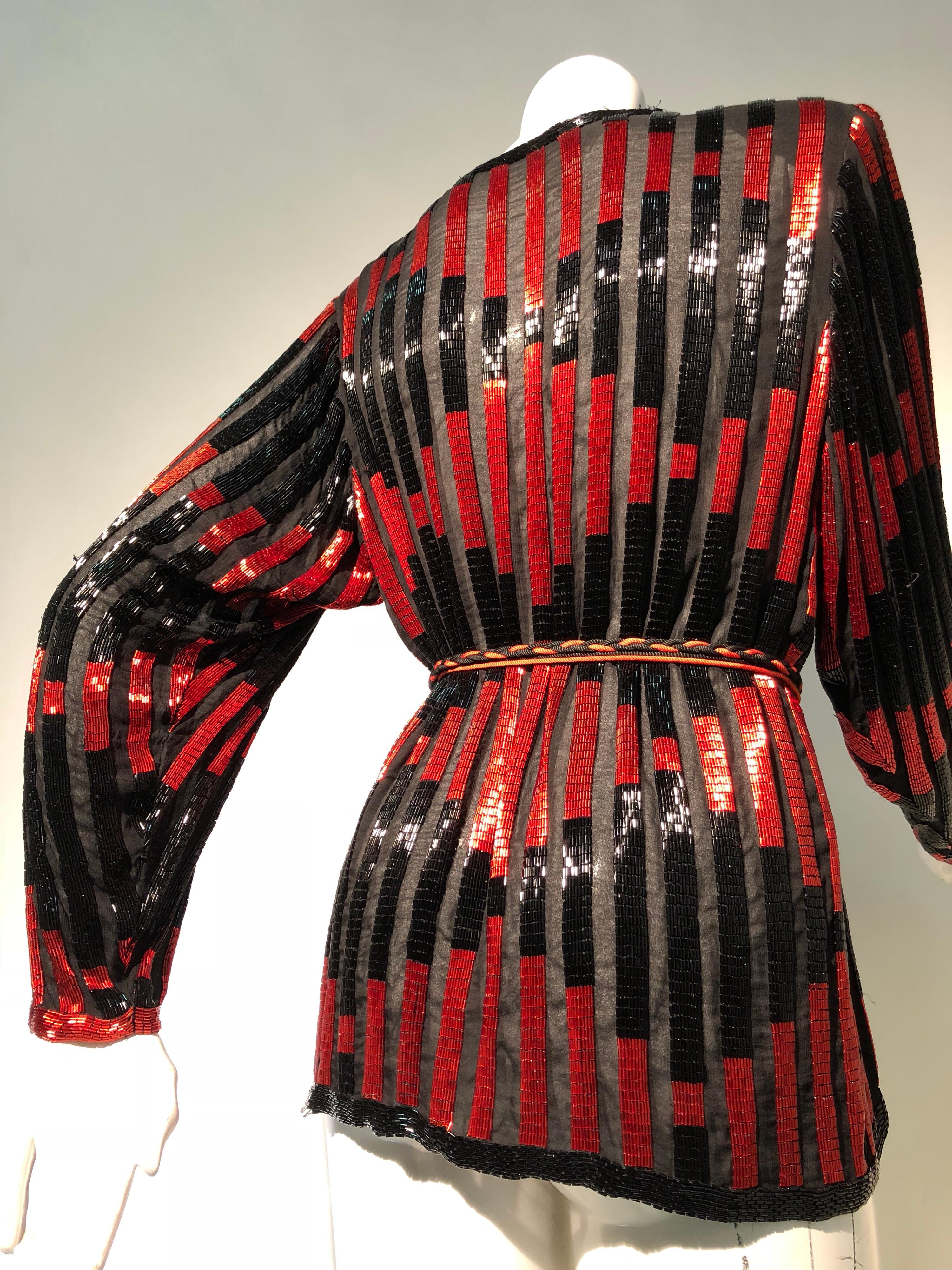Women's or Men's Red and Black Bugle Bead Striped Silk Chiffon Tunic Top with Tassel Tie Belt 