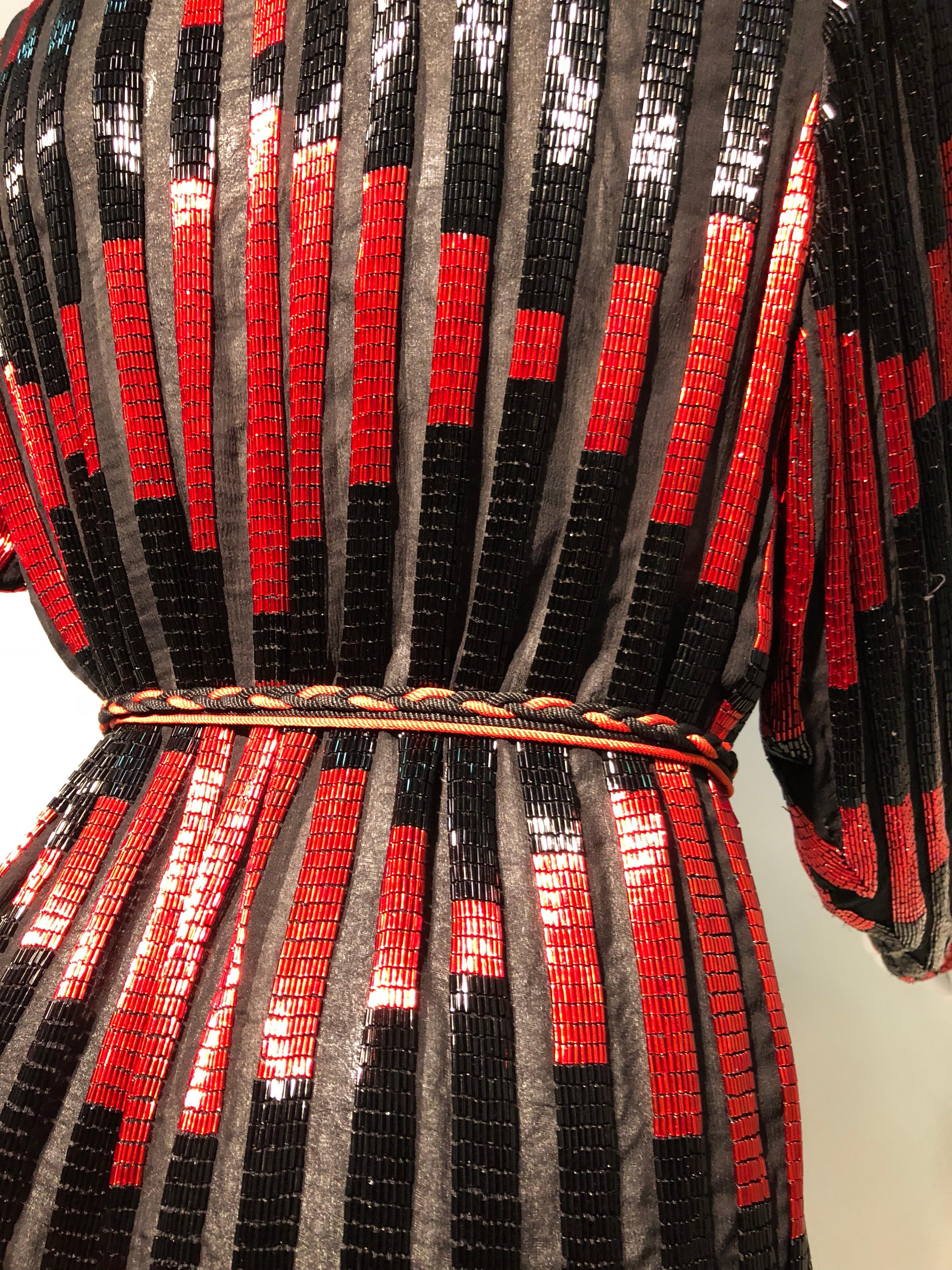 Red and Black Bugle Bead Striped Silk Chiffon Tunic Top with Tassel Tie Belt  1