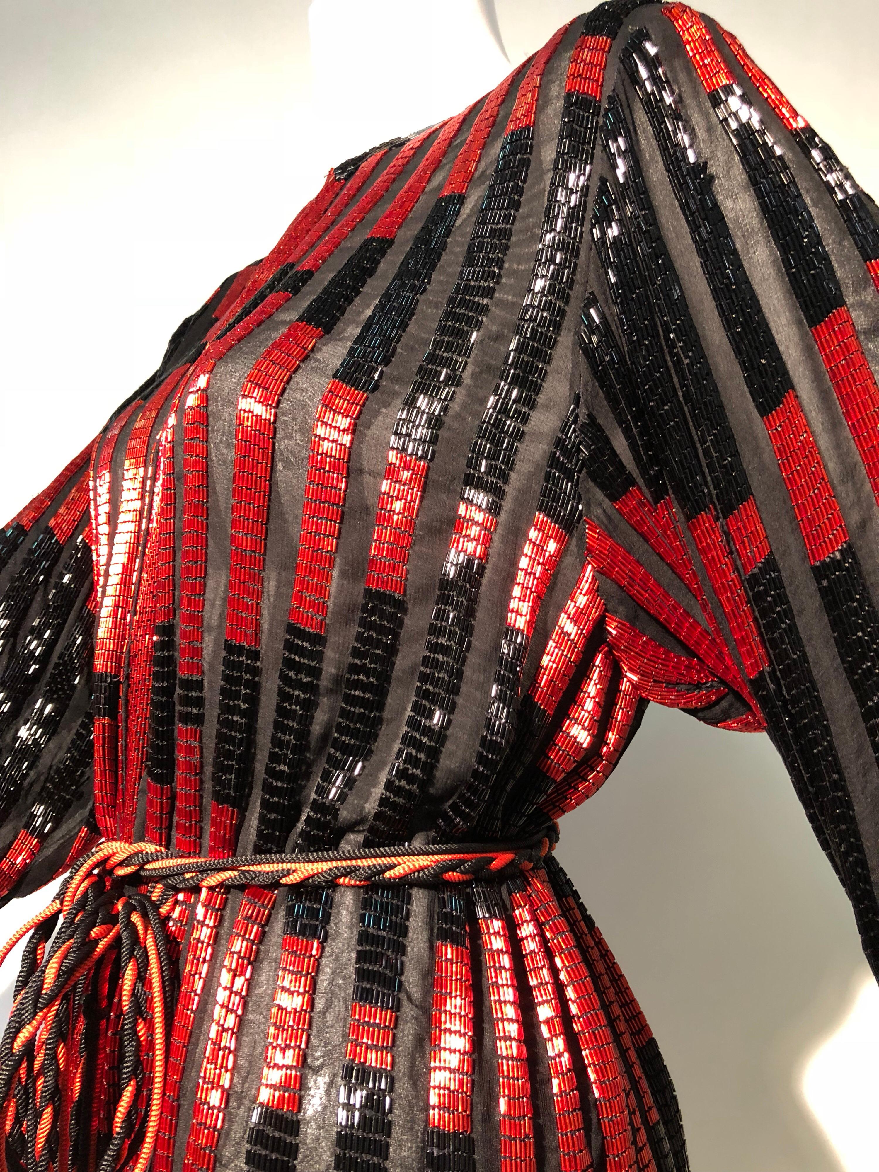 Red and Black Bugle Bead Striped Silk Chiffon Tunic Top with Tassel Tie Belt  2