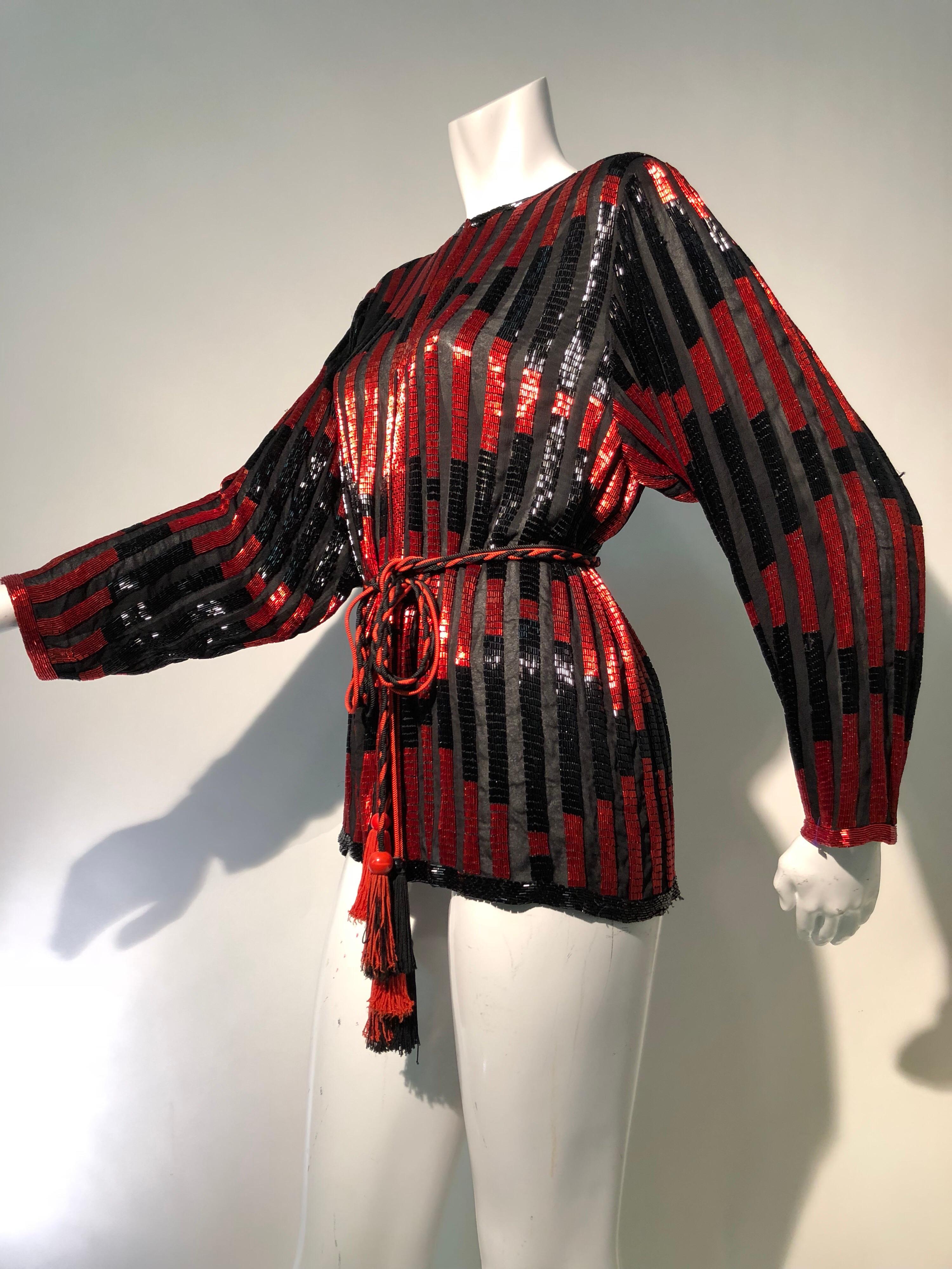 Red and Black Bugle Bead Striped Silk Chiffon Tunic Top with Tassel Tie Belt  3