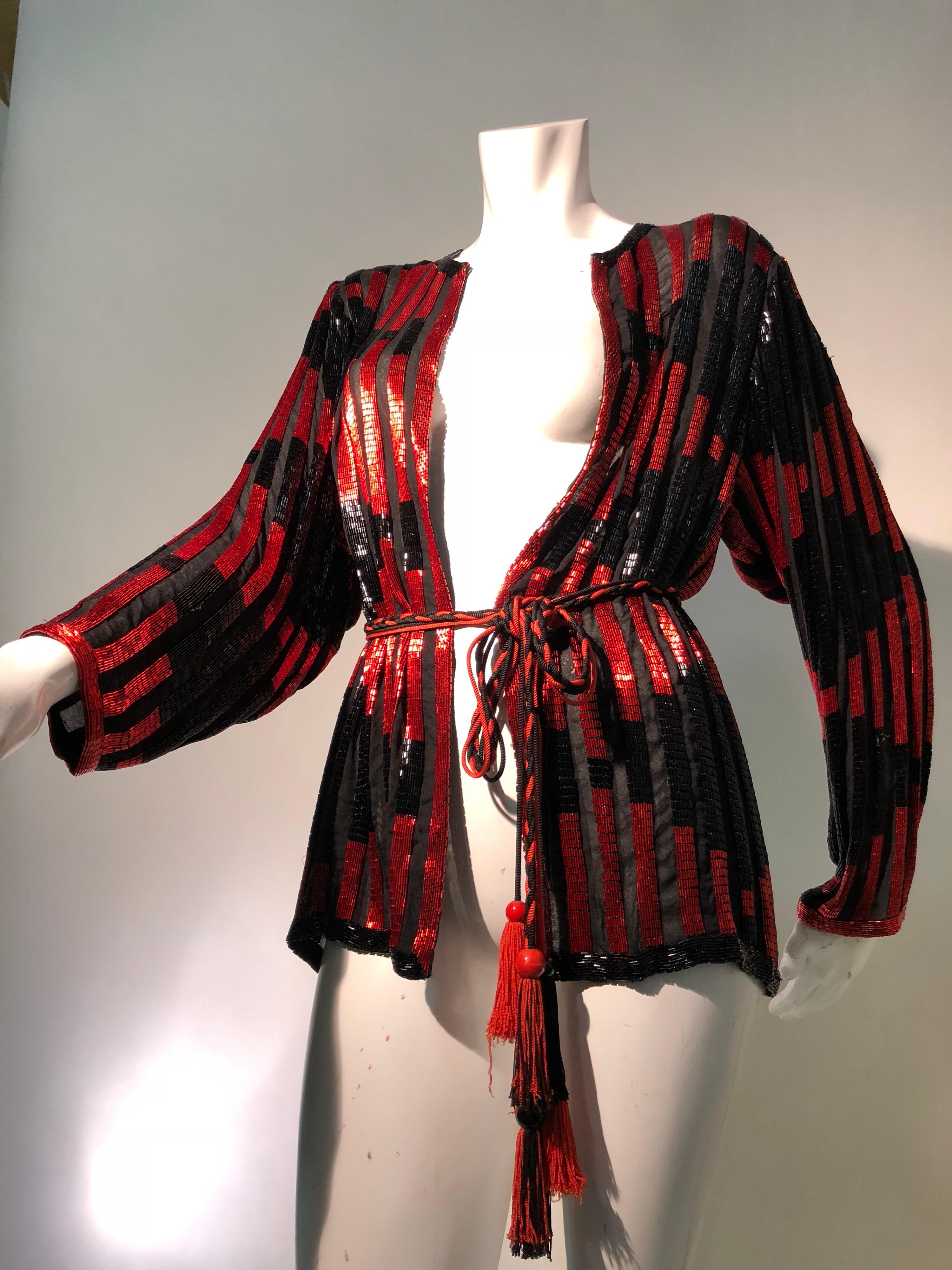 Red and Black Bugle Bead Striped Silk Chiffon Tunic Top with Tassel Tie Belt  4