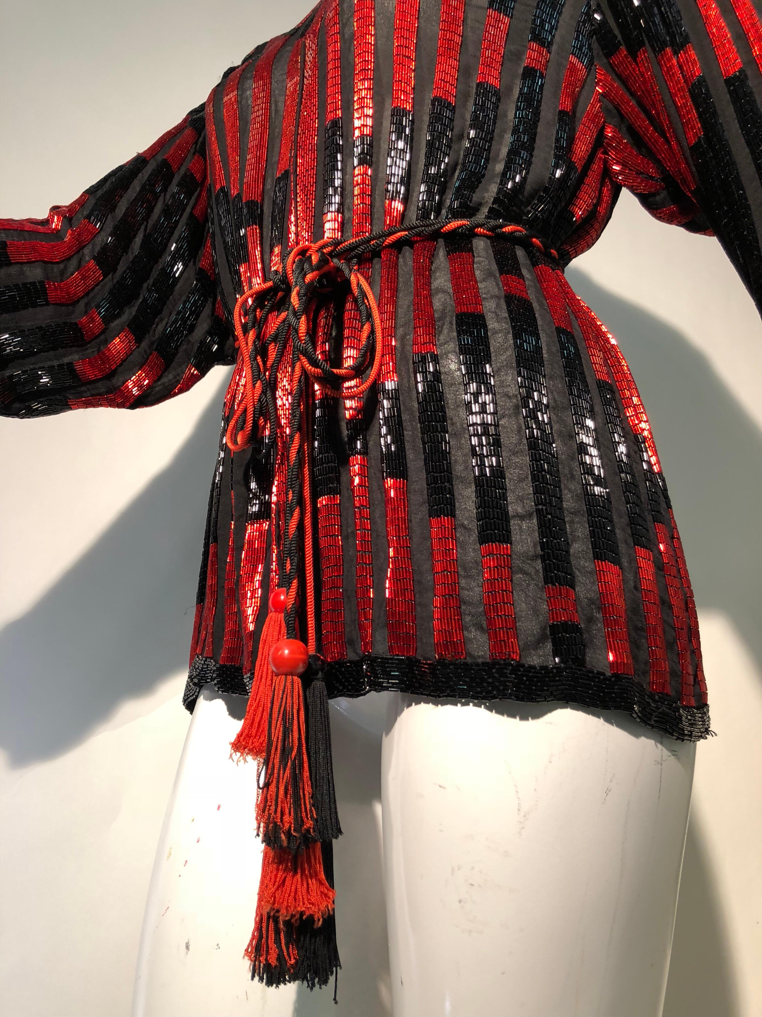 Red and Black Bugle Bead Striped Silk Chiffon Tunic Top with Tassel Tie Belt  5