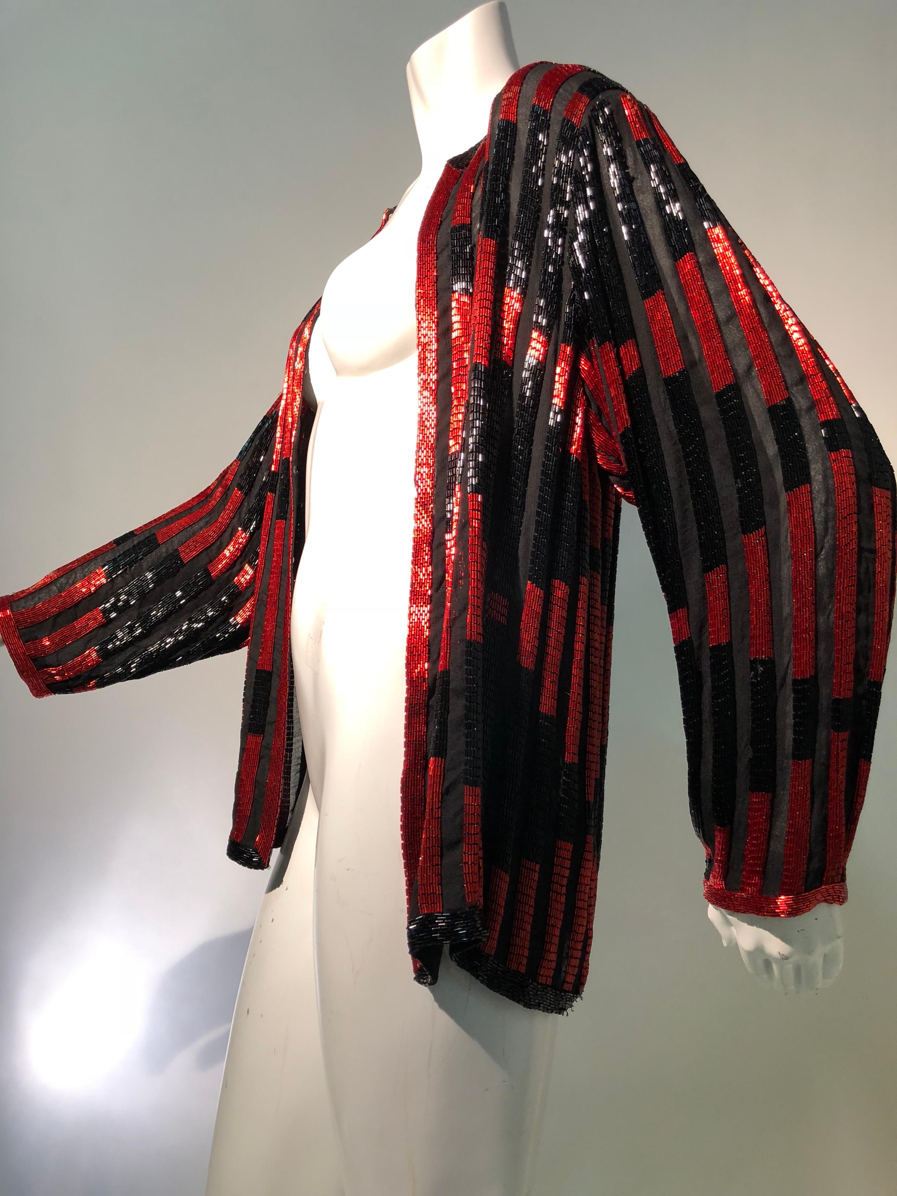 Red and Black Bugle Bead Striped Silk Chiffon Tunic Top with Tassel Tie Belt  6