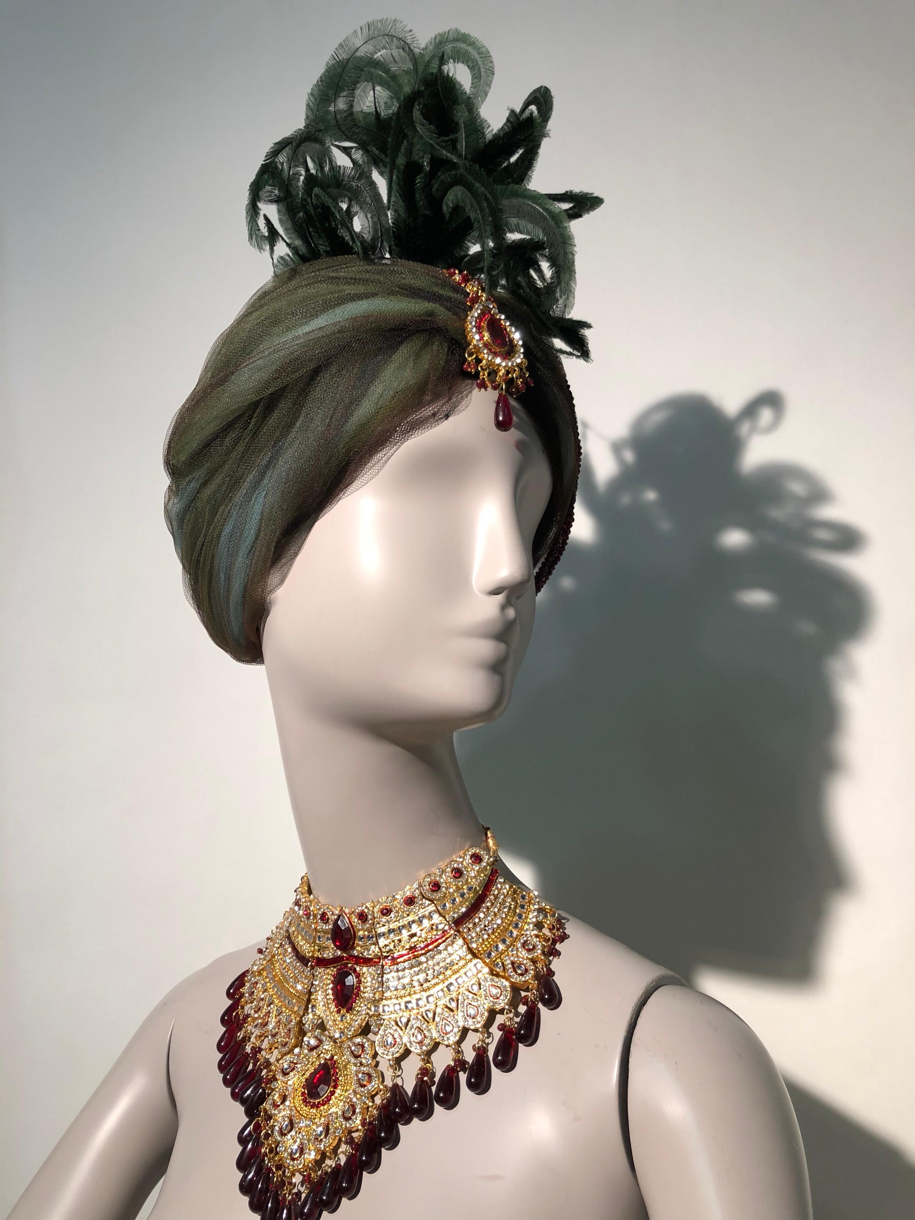 Gray Tulle Turban With Curled Feathers and Authentic Indian Bib Necklace, 1960s 
